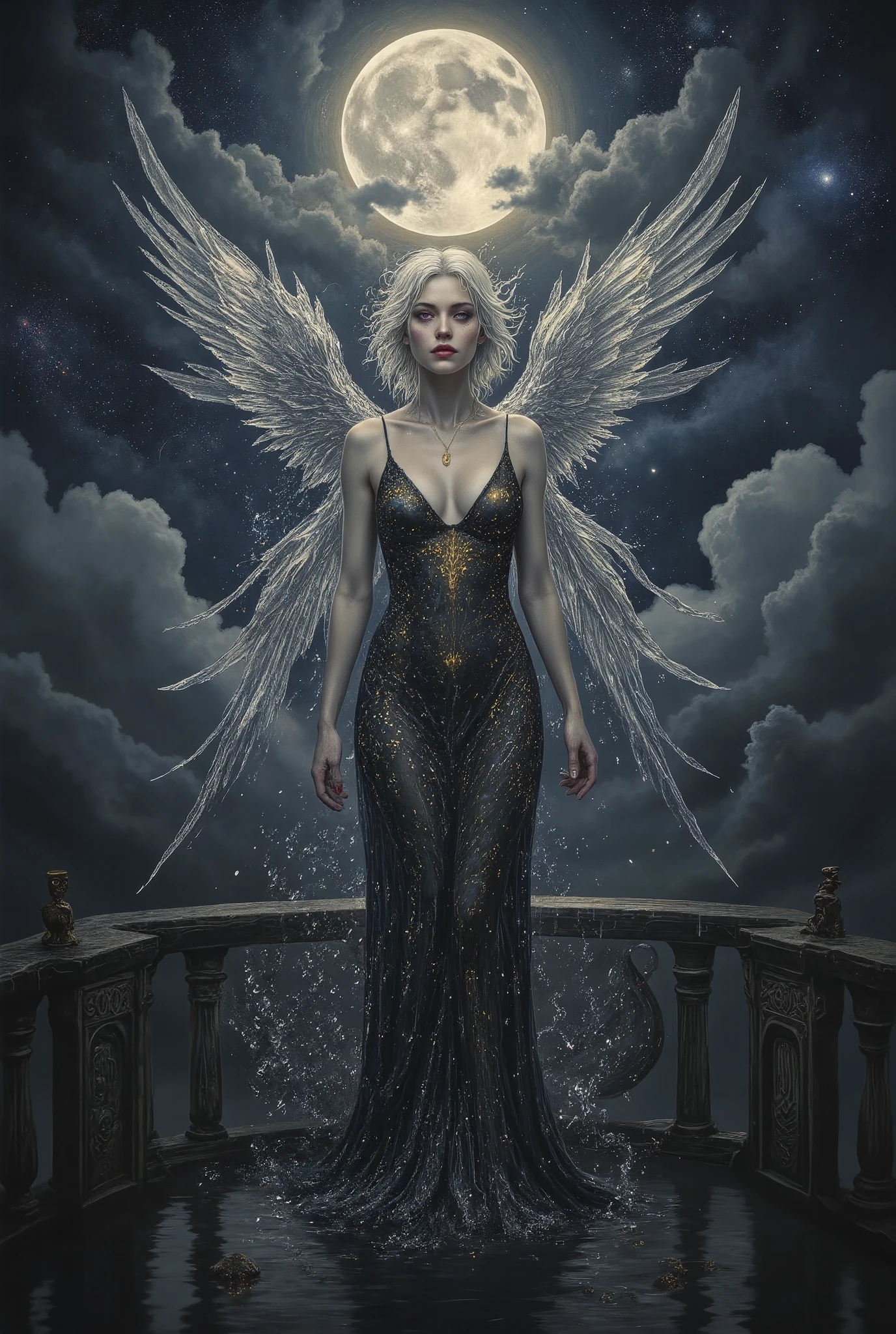 Intimate semi realistic surreal portrait of a divine siren goddess, An angel formed from clear water, oil painting with expressive brushstrokes, impossibly beautiful eyes like deep cosmic pools - huge and mesmerizing with gold-flecked violet irises burning with inner fire, framed by thick dark lashes casting dramatic shadows on her perfect cheekbones, face of devastating angelic beauty with sharp European features that transcend human perfection, high aristocratic cheekbones with intense iridescent glow, full pouty lips painted deep wine red and parted in a seductive half-smile, luminous alabaster skin like living moonstone contrasting with deep shadows, voluptuous goddess form with dangerous natural curves, generously full teardrop-shaped breasts with natural weight and sway, wide childbearing hips and thick thighs arched provocatively on black marble balcony carved with glowing ancient runes, skin-tight black silk dress soaked by sea spray clinging to every lush curve like a second skin, deep plunging neckline struggling to contain her captivating large, full natural breasts, soft flesh pressing against delicate fabric, flawless black silk house dress extremely lowcut adorned with hypnotic swirling marks that pulse with starlight, cascading short wild platinum hair with a ., burgundy undertones floating like liquid fire in supernatural wind, strands intertwining with ethereal smoke and starlight, surreal double moon eclipse casting blood-red and silver light across her abundant feminine form, reality bending around her presence, fractals of crystalline structures growing impossibly through space, cosmic void swirling in background with nebula clouds and shooting stars, otherworldly atmosphere distorting physics, time-frozen water droplets reflecting multiple dimensions, semi-realistic painting style with surreal elements, extreme contrast between light and shadow, masterwork quality, dark fantasy meets cosmic horror, 8k resolution