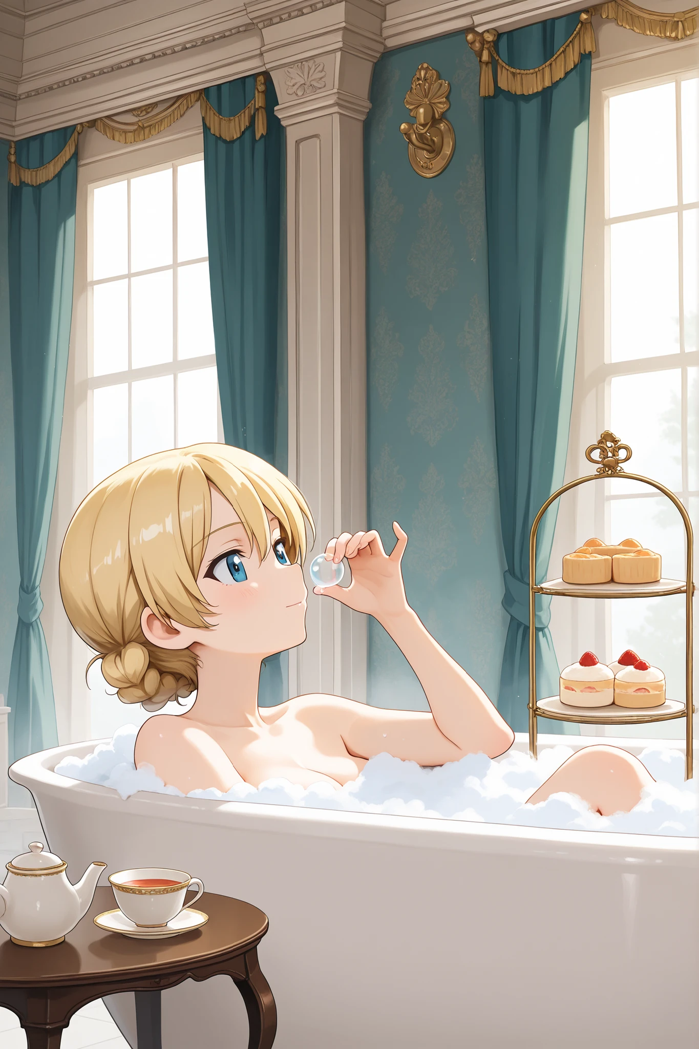 masterpiece, character, Girls Und Panzer, Darjeeling, taking a bubble bath, tea service, tea cakes, Regency architecture