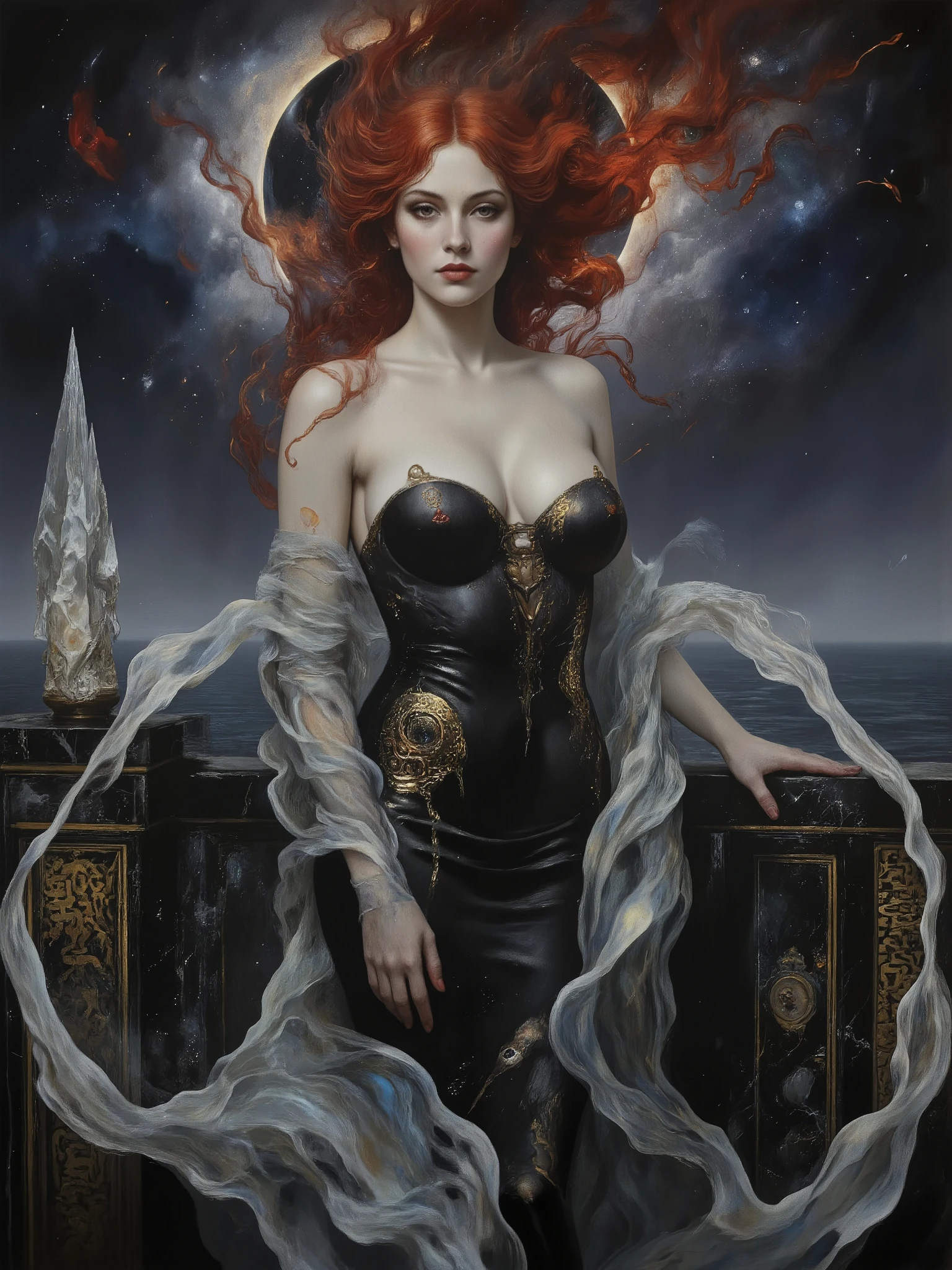 Intimate semi realistic surreal portrait of a divine siren goddess, oil painting with expressive brushstrokes, impossibly beautiful eyes like deep cosmic pools - huge and mesmerizing with gold-flecked violet irises burning with inner fire, framed by thick dark lashes casting dramatic shadows on her perfect cheekbones, face of devastating angelic beauty with sharp European features that transcend human perfection, high aristocratic cheekbones with intense iridescent glow, full pouty lips painted deep wine red and parted in a seductive half-smile, luminous alabaster skin like living moonstone contrasting with deep shadows, voluptuous goddess form with dangerous natural curves, generously full teardrop-shaped breasts with natural weight and sway, wide childbearing hips and thick thighs arched provocatively on black marble balcony carved with glowing ancient runes, skin-tight black silk dress soaked by sea spray clinging to every lush curve like a second skin, deep plunging neckline struggling to contain her captivating large, full natural breasts, soft flesh pressing against delicate fabric, flawless black silk house dress extremely lowcut adorned with hypnotic swirling marks that pulse with starlight, cascading crimson hair with deep burgundy undertones floating like liquid fire in supernatural wind, strands intertwining with ethereal smoke and starlight, surreal double moon eclipse casting blood-red and silver light across her abundant feminine form, reality bending around her presence, fractals of crystalline structures growing impossibly through space, cosmic void swirling in background with nebula clouds and shooting stars, otherworldly atmosphere distorting physics, time-frozen water droplets reflecting multiple dimensions, semi-realistic painting style with surreal elements, extreme contrast between light and shadow, masterwork quality, dark fantasy meets cosmic horror, 8k resolution
