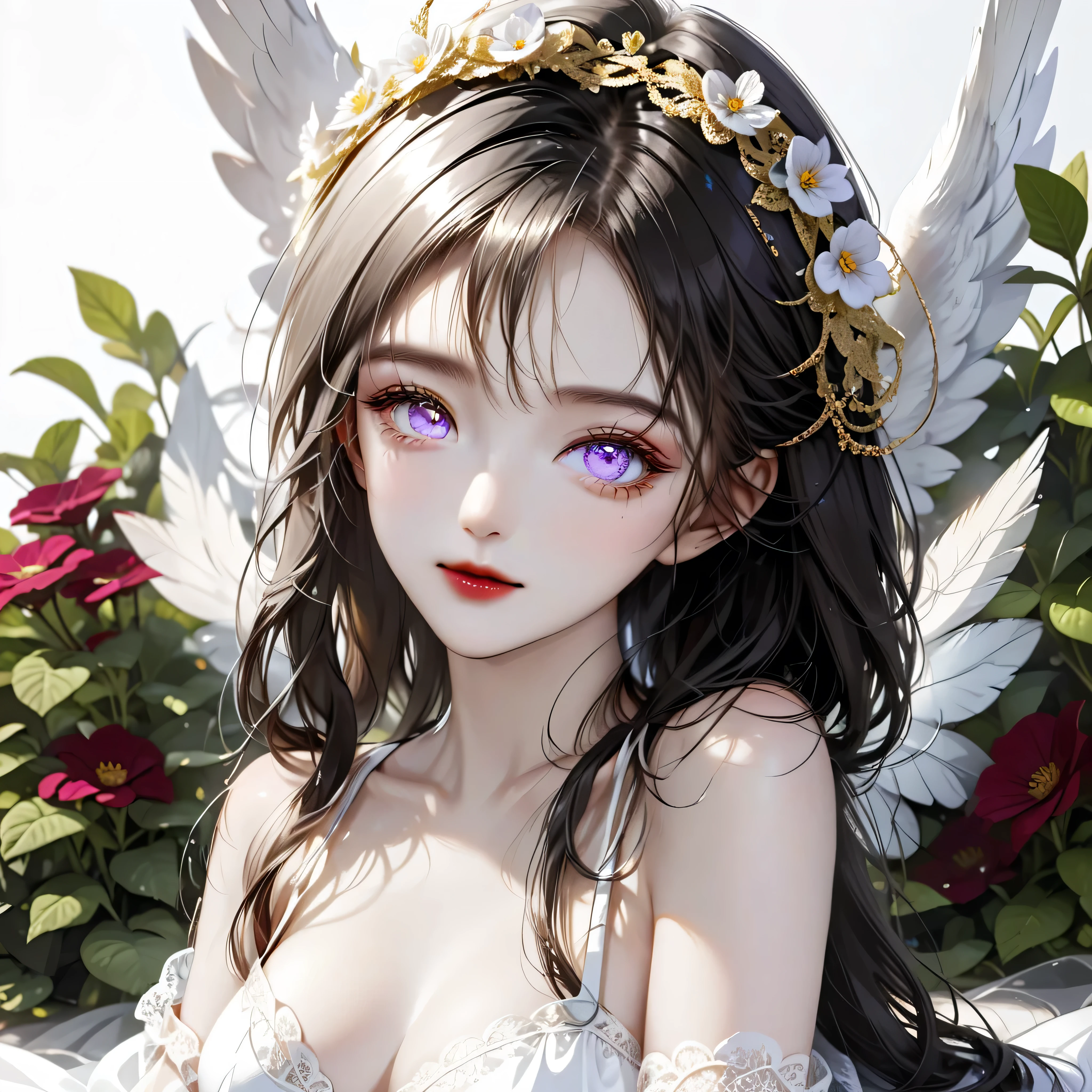 ((Top quality, 8K, best quality, masterpiece, ultra realistic)), ((Beautiful angel with odd eyes)), ((Heterochromia, golden eyes, silver eyes)), ((Sparkling and detailed eyes)), (Very precise eyes), (Long hair with a mixture of platinum and purple), Princess cut, ((Translucent and shining white skin)), Shiny skin, Very white skin, ((Very small breasts)), ((Beautiful woman wearing a lacy pure red quarter cup bra with a clearly visible intricate lace pattern)), ((Crimson wrap (wearing a skirt), ((a beautiful flower garden), ((lime green quarter cup bra)), ((sitting with her legs stretched out, with wings on either side of her back)), ((anatomically accurate depiction)), ((the exact number of fingers, detailed depiction down to the tips of the fingers)), gaze, ((angel wings)),blushing face, ((the surroundings are sparkling)), smile, very beautiful, fantasy world, very beautiful eyes