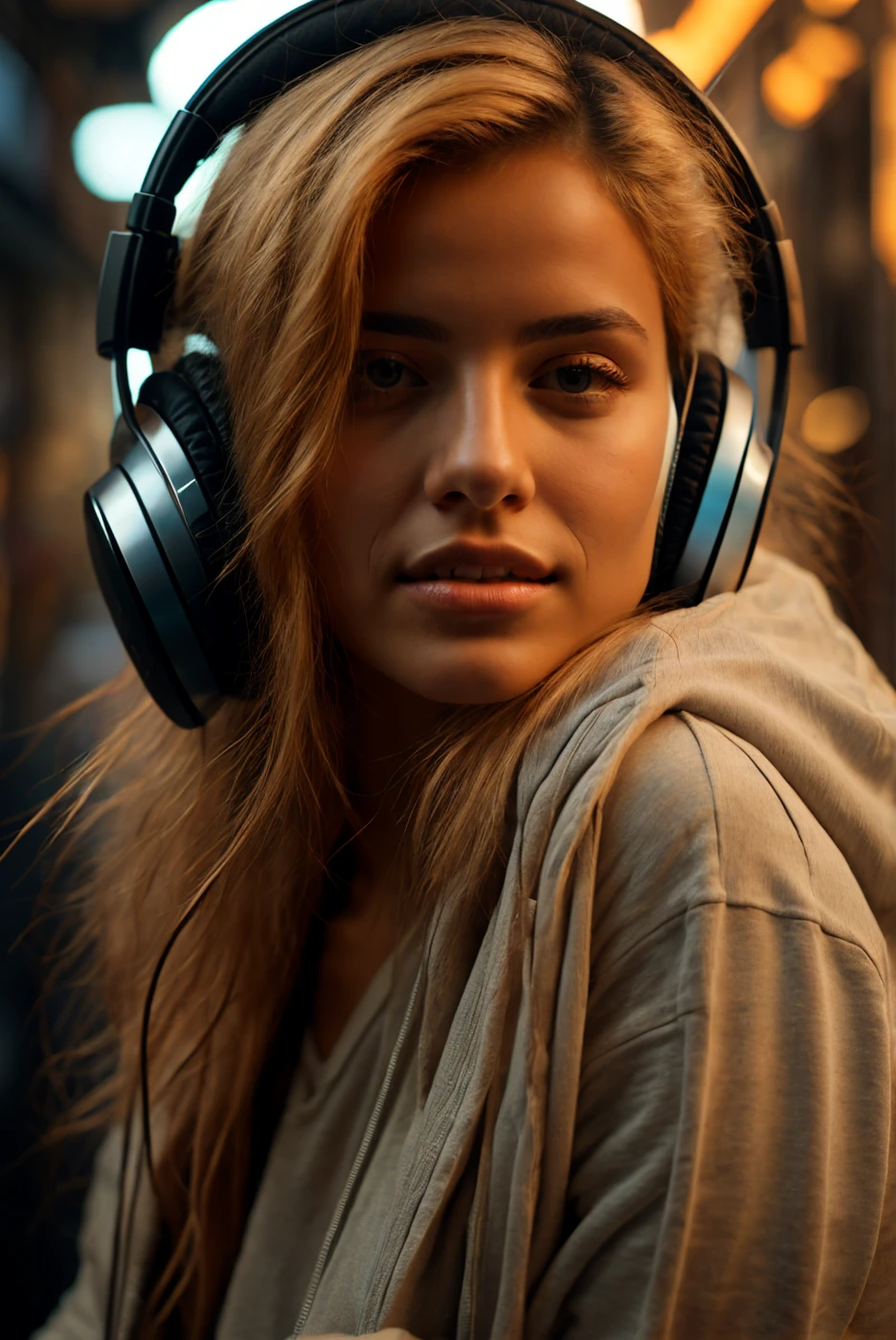 Beautiful blonde with  in a black T-shirt (I sit in the dark ruins with my eyes closed and tears streaming down my face),Wearing headphones,Very detailed, 21 years old, Innocent face, Naturally Wavy Hair, blue eyes, High resolution, masterpiece, Highest quality, Intricate details, Very detailed, Clear focus, Delicate skin, practical skin texture, texture, Delicate eyes, Professional, 4K, Sad crying face, Shot with Canon, 85mm, Shallow and deep,  Kodak Vision Color, Exactly, Very detailed, photograph_\(Extremist\), photographpractical, practical, Post-processing, Maximum details, Roughness, Real Life, Extremist practical, Photorealism, photographgraphy, 8K Ultra HD, photographgraphy