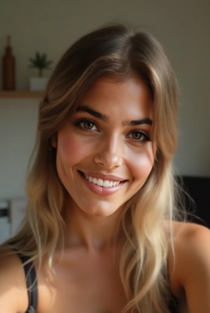 Foto RAW em sequencia, uma foto de uma adolescente 23anos, ((selfie da parte superior do corpo, feliz)), mordendo dedo, rosto detalhado, planos de fundo detalhados pouco desfocados, luzes naturais, HDR, foto realista, foto profissional, flerte com o espectador, visual , fotorrealista, Linda, pele natural, 8k UHD, alta qualidade, filmic grain, Fujifilm XT3, blonde, blonde hair, blonde girl, brown roots