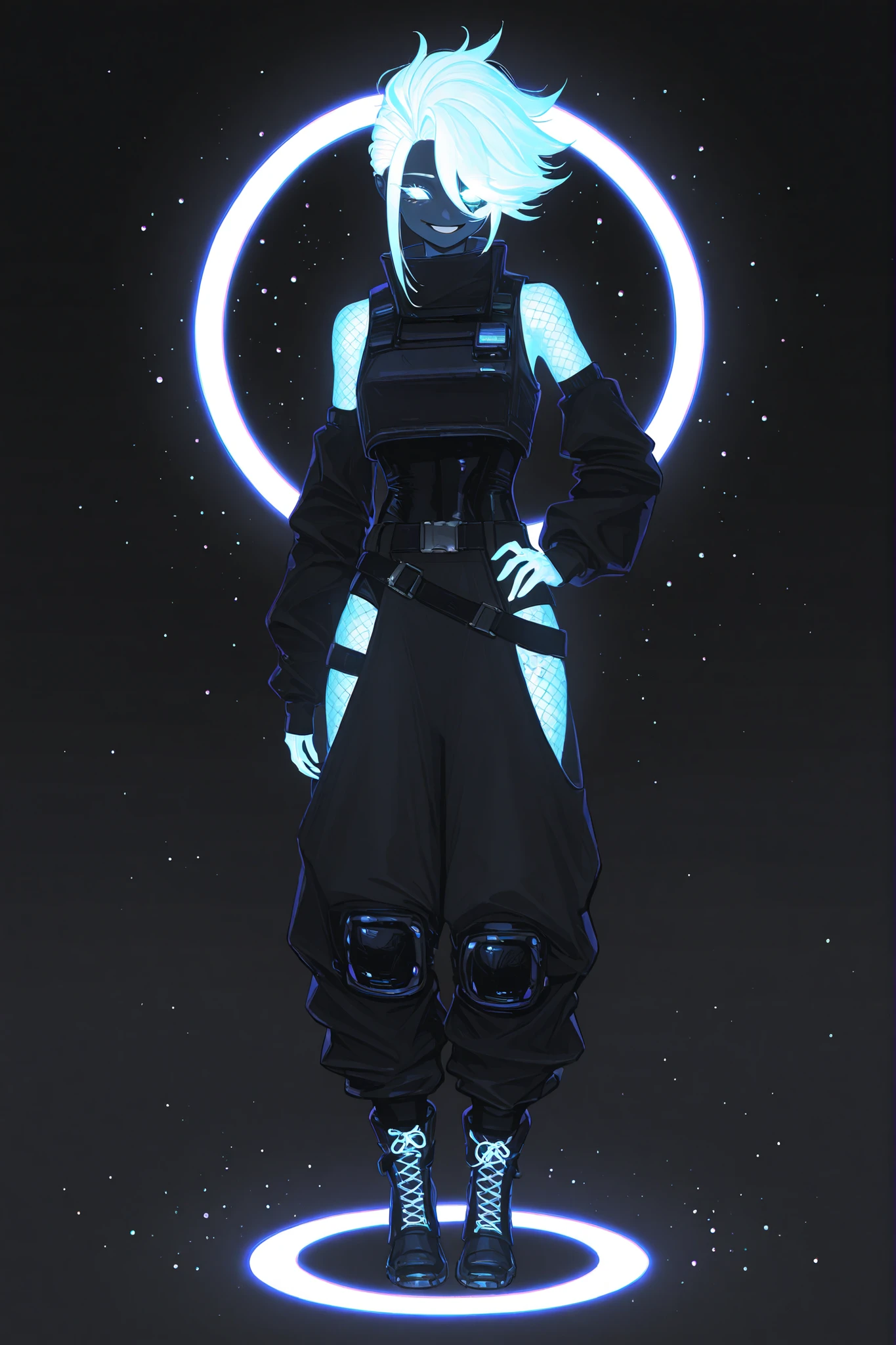 (Japanese_art,) The woman is a alien living star. She has a tall athletic non binary figure. She has white glowing skin. She has white glowing short spiky hair that forms halo rays around her head. She has green glowing eyes. She has a cold smile on her face. She is wearing a black leotard. She wears a long-sleeved tank top and a cyberpunk-style body armor. She's wearing gray oversized pants with a low waist, knee pads, belt and hip-straps for pouches. She is wearing black flat-soled boots with Velcro fasteners. (IN the background: a starry intergalactic ship with a porthole showing open space.)