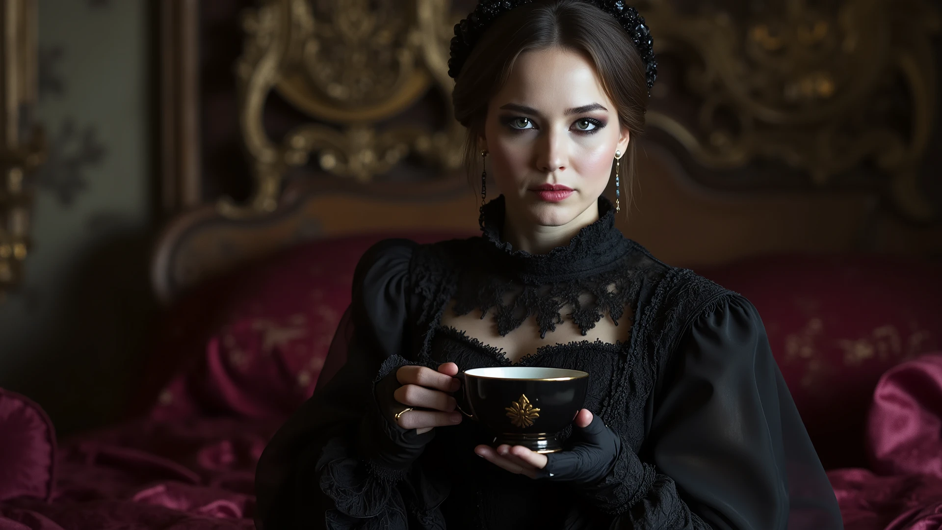image of a woman in the Gothic Renaissance style. Dark makeup emphasizes the dark Gothic style. She has a pale, calm but at the same time beautiful face. The facial expression is aristocratic pride and arrogance. In the eyes there is a hidden secret and danger. Her clothes are dominated by dark tones: black, gray and burgundy. In one hand she holds a black porcelain teacup with a gold ornament. The background is a bedroom in the spirit of the Gothic Renaissance. The style is photorealism, deep shadows and volume.
