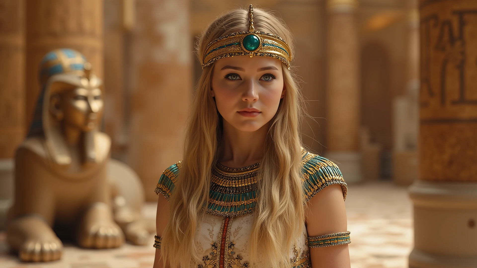 1girl whole body view , blond straight hair , Traditional Egyptian wigs , Egyptian attire , Egyptian dress-up , queen of Egypt , goddess , Young girls , Emerald eyes , Elaborate Eyes , beautiful face , Stand by magnificent colored perfect sphinx with the crown of a pharaoh freshly made ,, Meticulous CG , Movie images , Snake decoration , Bracelet in the shape of a snake , Serpentine decoration on the head , skin is smooth and fair , super high image quality , Egyptian eyeliner , Egyptian wigs, realistic artwork 20k resolution masterpiece, standing over magnificent tile floor.