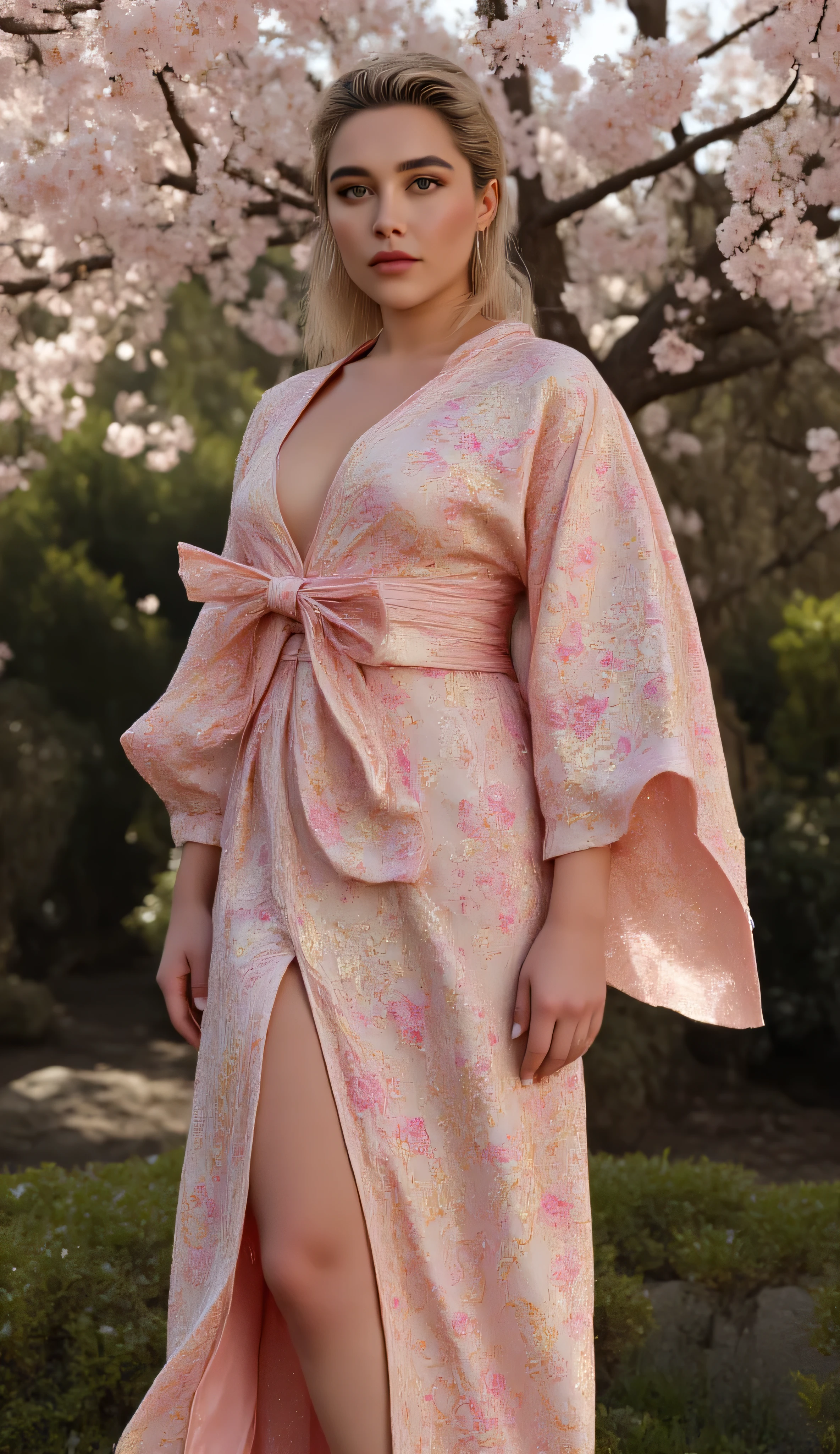 Florence Pugh, bright makeup, wearing sexy traditional Japanese kimono, decorated with intricate floral patterns in silk fabric, wide obi belt tied at the back with a graceful bow, soft pastel colors with subtle gold accents, standing in a serene Japanese garden with cherry blossoms falling around her, bare legs, sexy, sultry, hot, alluring, seductive expression, cinematic lighting, ultra-detailed, 4k, cowboy shot, full body view