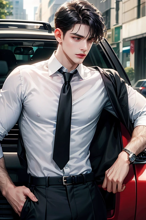 necktie, shirt, white_shirt, realistic, black_hair, male_focus, solo_focus, 1boy, jewelry, earrings, collared_shirt, black_pants, pants, short_hair, blurry, artist_name, ground_vehicle, motor_vehicle, car, parted_lips, black_eyes, looking_to_the_side, blurry_background, black_necktie
