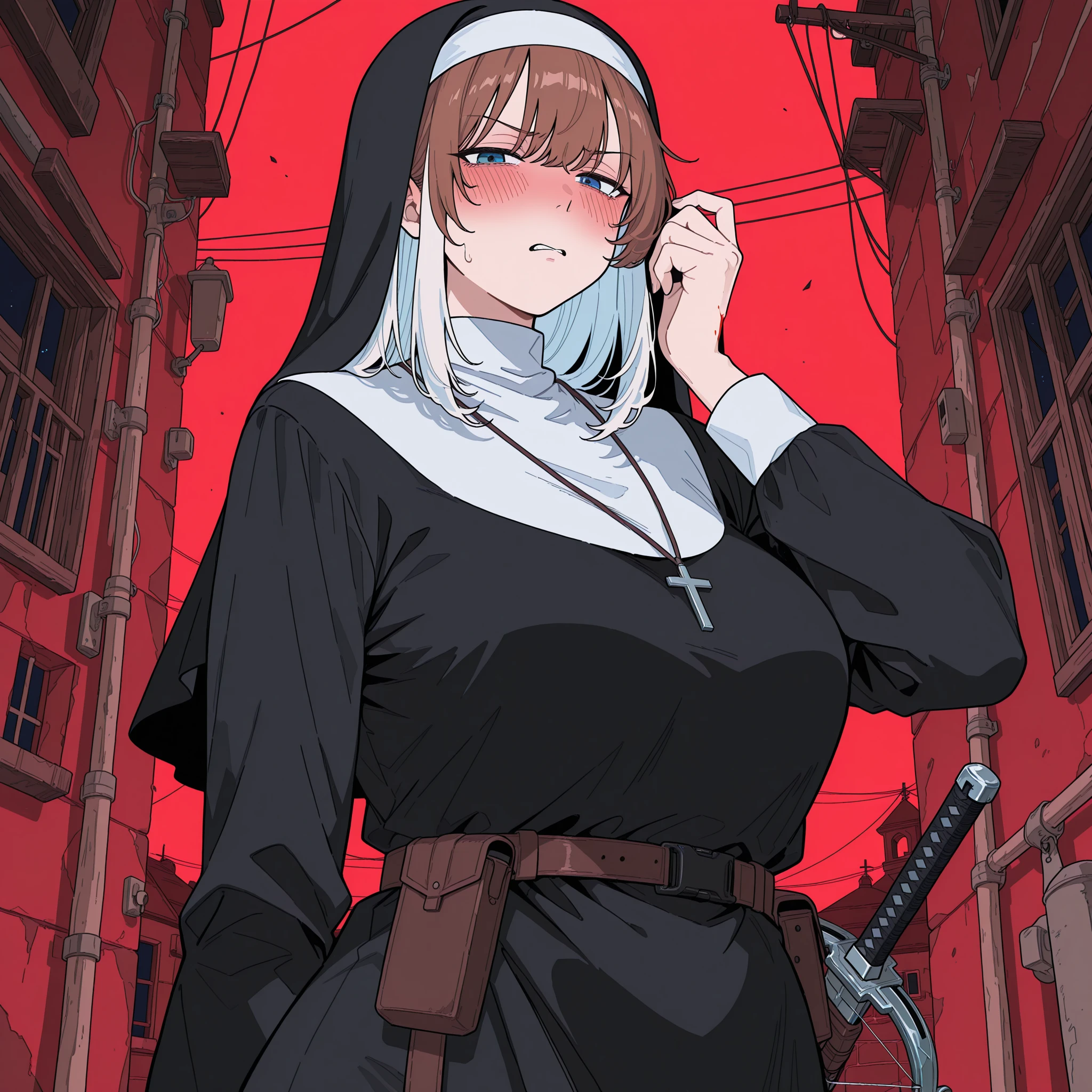 a woman nun big breast sexy bored serious sad emo sleepless eye sleep tired short black hair her pink eye wears a nuns suit shows navel and a gigantic long black skirt she tears off head person