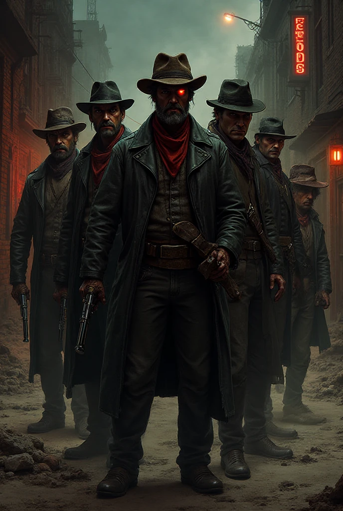 (best quality, 4k, highres, masterpiece:1.2), (realistic:1.37), ultra-detailed, Red Dead Redemption 2 art style, Pinkerton detective, Pinkerton detective in a suit, western town of Saint Denis in 1907, dimly lit room, six Pinkerton agents standing around a table, Pinkerton detective's office, black suits.six pinkerton detectives, 6men