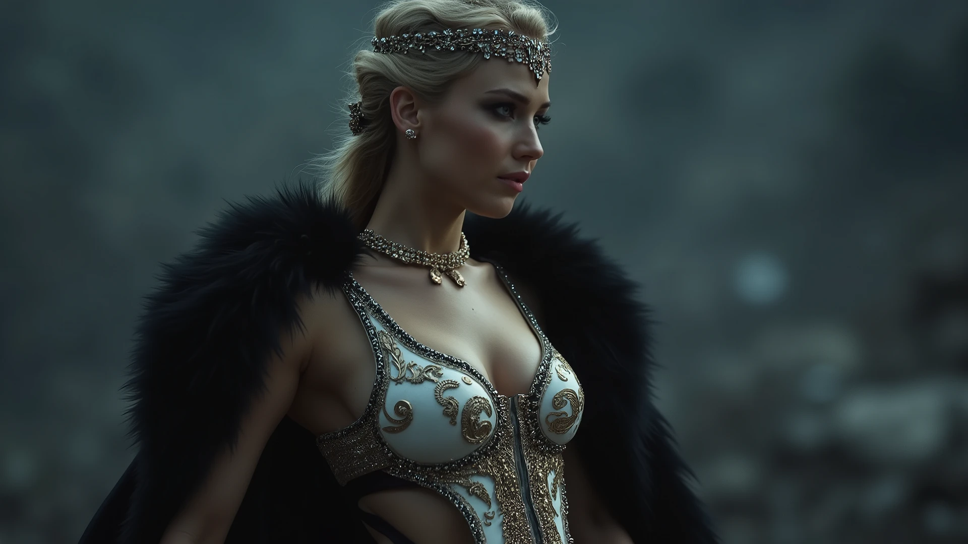 8k hyper realistic, cinematic, dslr, a blend of sharon stone,  halle berry, kristanna loken, margot robbie, as the greek queen stands victorious, fair skin contrasting with piercing blue eyes that burn with quiet intensity. Her crinsom hair is worn loose beneath her black tiara. She wears a white and shiny gold breastplate adorned with platinum scrollwork and metallic accents (inspired by corset), complemented by a flowing black fur cloak. Her stunning physique is showcased in a side-view pose, her black cutout satin skirt fluttering behind her. A blurred charcoal grey and midnight blue background complements her striking features, as if the darkness itself has yielded to her fierce determination. huge breasts, Latex clothes,Leather clothes, full_body, perfect body, side_view, cinematic style, cleavage cutout, beauty