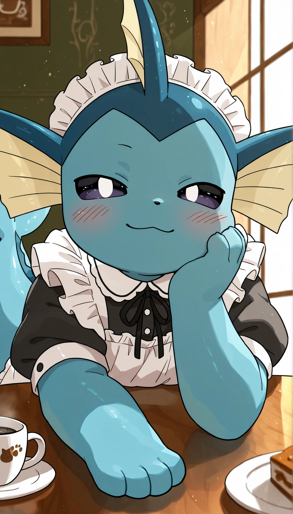 best quality,best resolution,solo,vaporeon,pokemon,(young :1.6),white frilled hairband,frilled maid outfit,maid coffee cafe,romantic light,morning light,blush,looking at viewer,smile,half eyes,lying on table,paw on cheek,close up