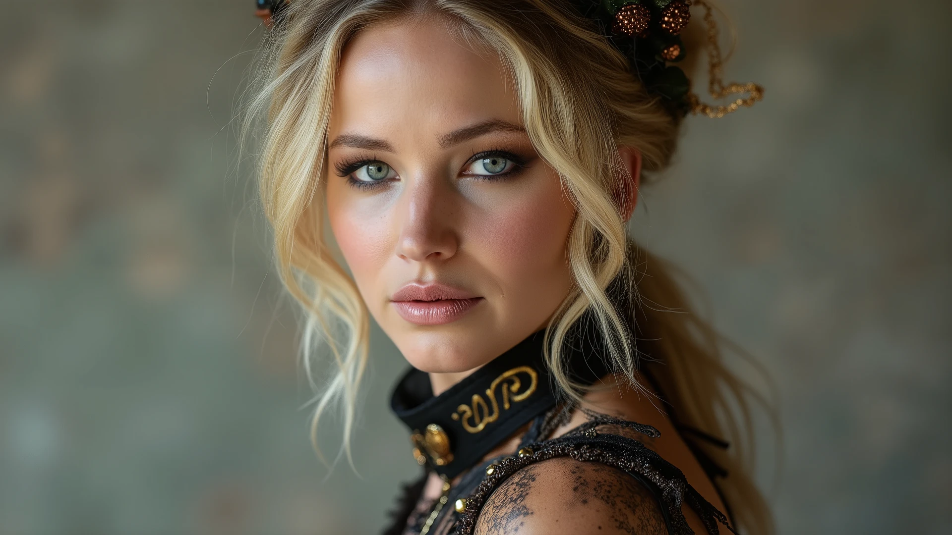 Create a photorealistic portrait of a stunningly beautiful blonde woman posing in a professional photo studio. She should be dressed in an intricately detailed steampunk outfit that highlights her beauty. The background should be plain to emphasize her and the outfit's details. The lighting should be soft and flattering, enhancing the textures and colors of the steampunk attire while capturing her captivating features. performing sex act