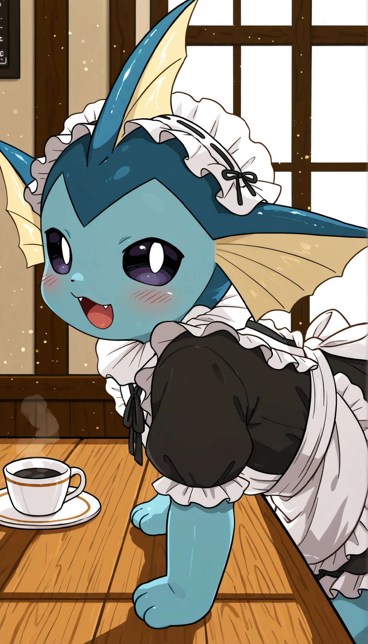 best quality,best resolution,solo,vaporeon,pokemon,(young :1.6),white frilled hairband,frilled maid outfit,maid coffee cafe,romantic light,morning light,blush,looking at viewer,smile,open mouth,fangs,crawling on table,(side view :1.3),close up