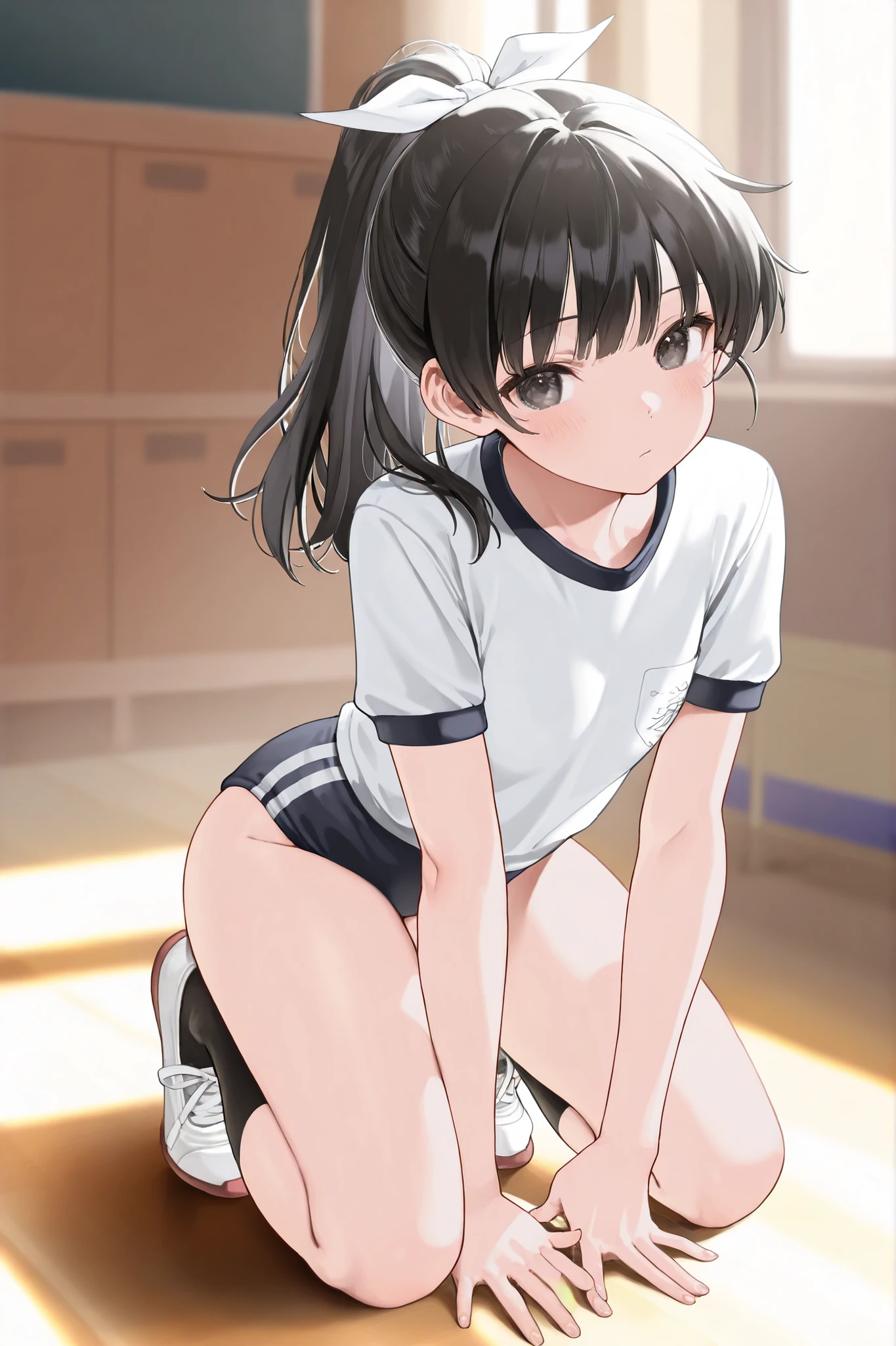 masterpiece, best quality, girls, 10yo, (petite),
 naughty face, squatting, (sports bra lift),  flat , , , , locker room,