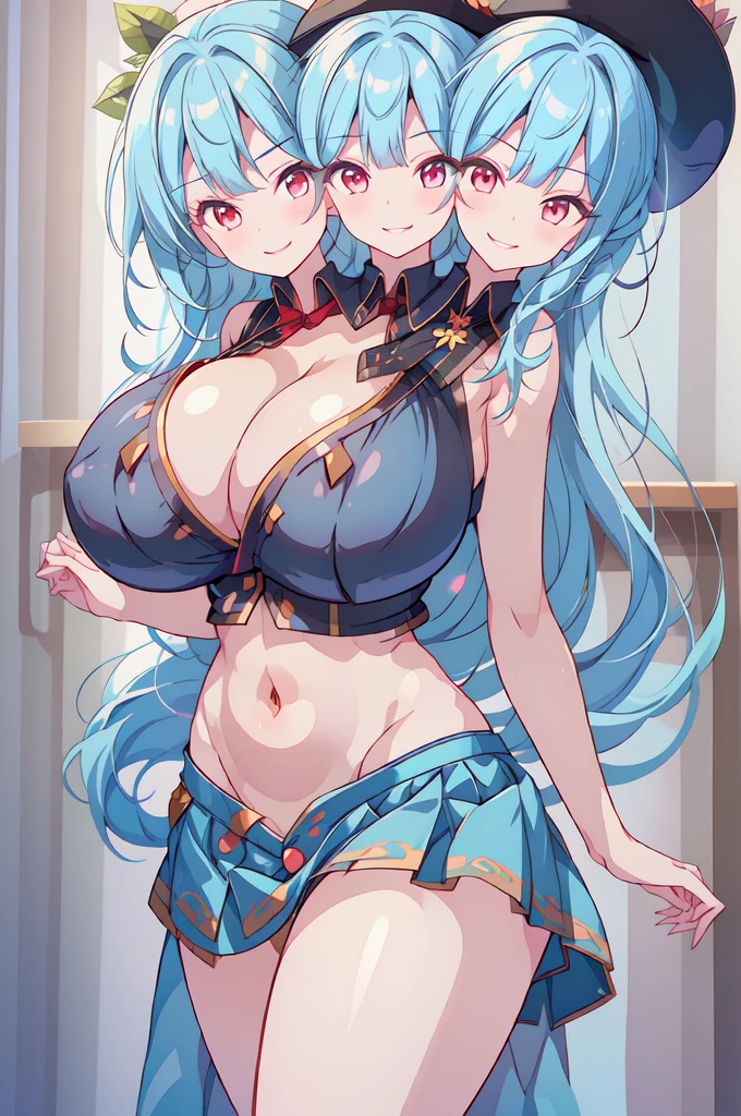 (masterpiece, best quality), best quality, (ultra-detailed), ((3heads:1.5)), 1girl, (yagokoro eirin:1.3), masterpiece, top best quality, ultra quality, ultra resolution, ultra detail, red and blue top, crop top, ((stomach)), midriff, ((groin)), blue skirt, normal ears, , grey hair, (same hair color), very long hair, wavy hair, sidelocks, grey eyes, parted lips, single horn, sweat, cute, toned belly, hand on own , eyelashes, (27 year old woman:1.3), (masterpiece:1.5), (best quality:1.5), (beautiful detailed), extremely detailed CG, extremely delicate and beautiful, depth of field, (finely detailed face), (perfect details:1.2), (mature female:1.3), wide pelvis, slender, large veiny , 16k resolution, highres, high quality, high definition, extremely detailed, masterpiece, grey hair, long hair, alluring presence, braid, short skirt, close up, very big , huge , young, nurse cap, girl with three heads, three headed girl,
