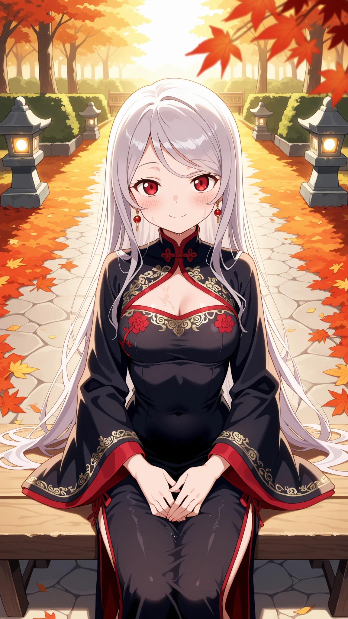 BREAK (masterpiece:1.2),Peaceful Japanese park during autumn after rainfall, vibrant red and golden maple leaves scattered across glistening stone paths, wet wooden benches under glowing foliage, stone lanterns reflecting in puddles, warm light shining through misty air, atmosphere of quiet melancholy and freshness, cinematic composition, highly detailed, 8K masterpiece digital painting,no people, shalltear, grey hair, long hair, red eyes, silver hair,Elegant traditional Chinese dress, flowing silk fabric with intricate golden embroidery, long wide sleeves, delicate floral patterns, black dress,jawerly,earrings,blush,looking at viewer,cowboy shot,sitting sensually,  posture, leaning back with hands behind,intimate atmosphere, warm lighting, ultra detailed, 4k,from above,smile