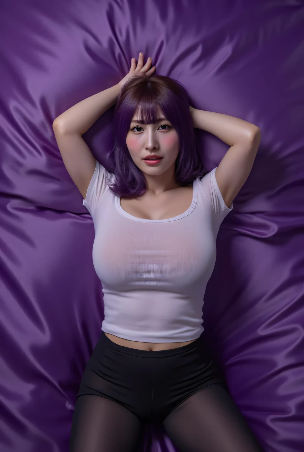 mature woman lying on her back on purple silk bed, legs spread wide, legs raised up, missionary position, wearing white short sleeve t-shirt that reaches to waist, large breasts, black leggings, purple hair, sensual pose, intimate setting, soft lighting, detailed fabric texture, realistic skin details, high quality, 8k resolution, photorealistic, studio lighting