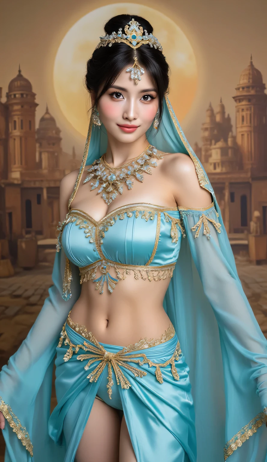Detailed proportions and textures and multi-color with airbrushed brush strokes that presents a semi-realistic illustration in ChineseA young Princess Jasmine is predominantly bright beige with vibrant gold accents, creating a dramatic contrast (full body, with a confident and elegant posture, playful look, bright imperial turquoise eyes, defined eyebrows, long eyelashes, perfect face, full lips, round and huge breasts, flat stomach, wide hips, thin waist, thick thighs), With her long hair tied in a black braid, dressed in a light blue odalisque costume of Arabic dance (classical dance style) with gold embroidery, consisting of a fine and beautiful diadem that adorns her head, long and loose sleeves, a bra (white vest type) and a patalens with a fine lace skirt (turquoise). In the background, a canvas depicting a palace in the middle of a Persian city with the moon in the background. Overall, the image is sharp, high-quality, and features a marked contrast between the character's (bright, metallic) colors and the warmer, matte background. very balanced saturation in the color palettes very defined (Color with monochorome intense shaded tones and shine, tone red 25% + yellow 25% + blue 25% + biofluorescent 12.5%+ transparencias 12.5%. Aesthetic fusion by (Fibonacci ratio. A poupée realiste of a young Princess Jasmine of Disney. of a young Princess Jasmine of Disney (Including a variety of pink skin and dark-beige tones that give it contrast and shine) character type. Fluid texture that gives the sensation of movement to the Thin, fine of leaves that moulds to the figure (her clothes with relief and folds give volume and depth to the character) style. Haute couture photoshoot (in high quality of full body). Sharp Highly Detailed Soft Focus, Approaching Perfection, Full HD 8K. High and Low Angles. of Coco Chanel, Gianni Versace, Alberto Vargas, Greg Rutkowsk art style fusion.