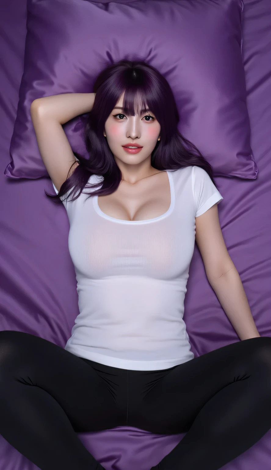 mature woman lying on her back on purple silk bed, legs spread wide, legs raised up, missionary position, wearing white short sleeve t-shirt that reaches to waist, large breasts, black leggings, purple hair, sensual pose, intimate setting, soft lighting, detailed fabric texture, realistic skin details, high quality, 8k resolution, photorealistic, studio lighting