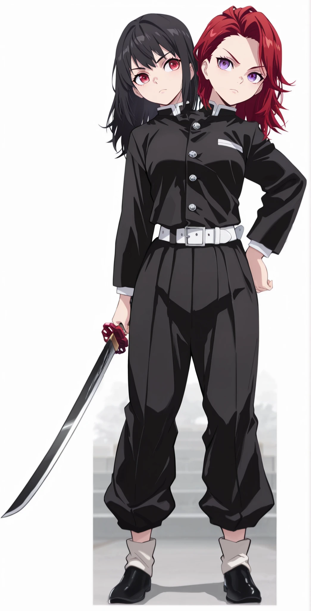 (masterpiece) , (ultra-detailed) , (high quality) , (high resolution) , (best quality:1 . 5 , highres , UHD) , highres , absurdo , ultra detail , ultra quality , Ultra resolution , 16k , 1girl , ((2heads:1 . 5)) , ((red hair)) , ((black hair)) , (different hair colors) , long hair , (1girl) , conjoined twins , demon slayer uniform, black jacket, gakuran, white belt, black pants, puffy pants, pleate, silver buttons, holding a katana sword, sword scabbard, red eyes, purple eyes