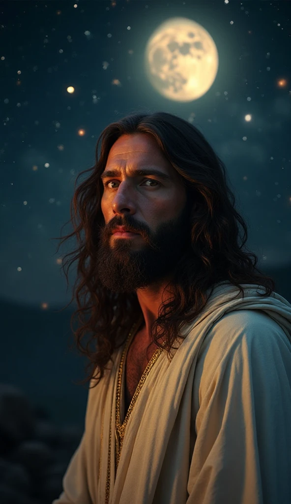Ultra-realistic 8K portrait of Jesus Christ under a starry night sky ...