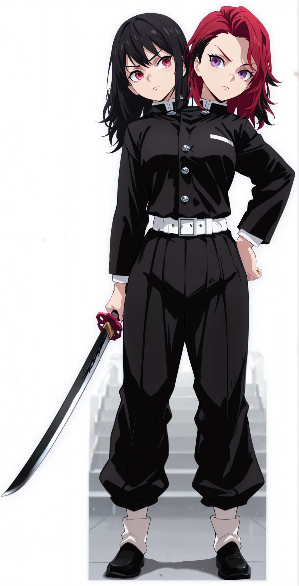 (masterpiece) , (ultra-detailed) , (high quality) , (high resolution) , (best quality:1 . 5 , highres , UHD) , highres , absurdo , ultra detail , ultra quality , Ultra resolution , 16k , 1girl , ((2heads:1 . 5)) , ((red hair)) , ((black hair)) , (different hair colors) , long hair , (1girl) , conjoined twins , demon slayer uniform, black jacket, gakuran, white belt, black pants, puffy pants, pleate, silver buttons, holding a katana sword, sword scabbard, red eyes, purple eyes