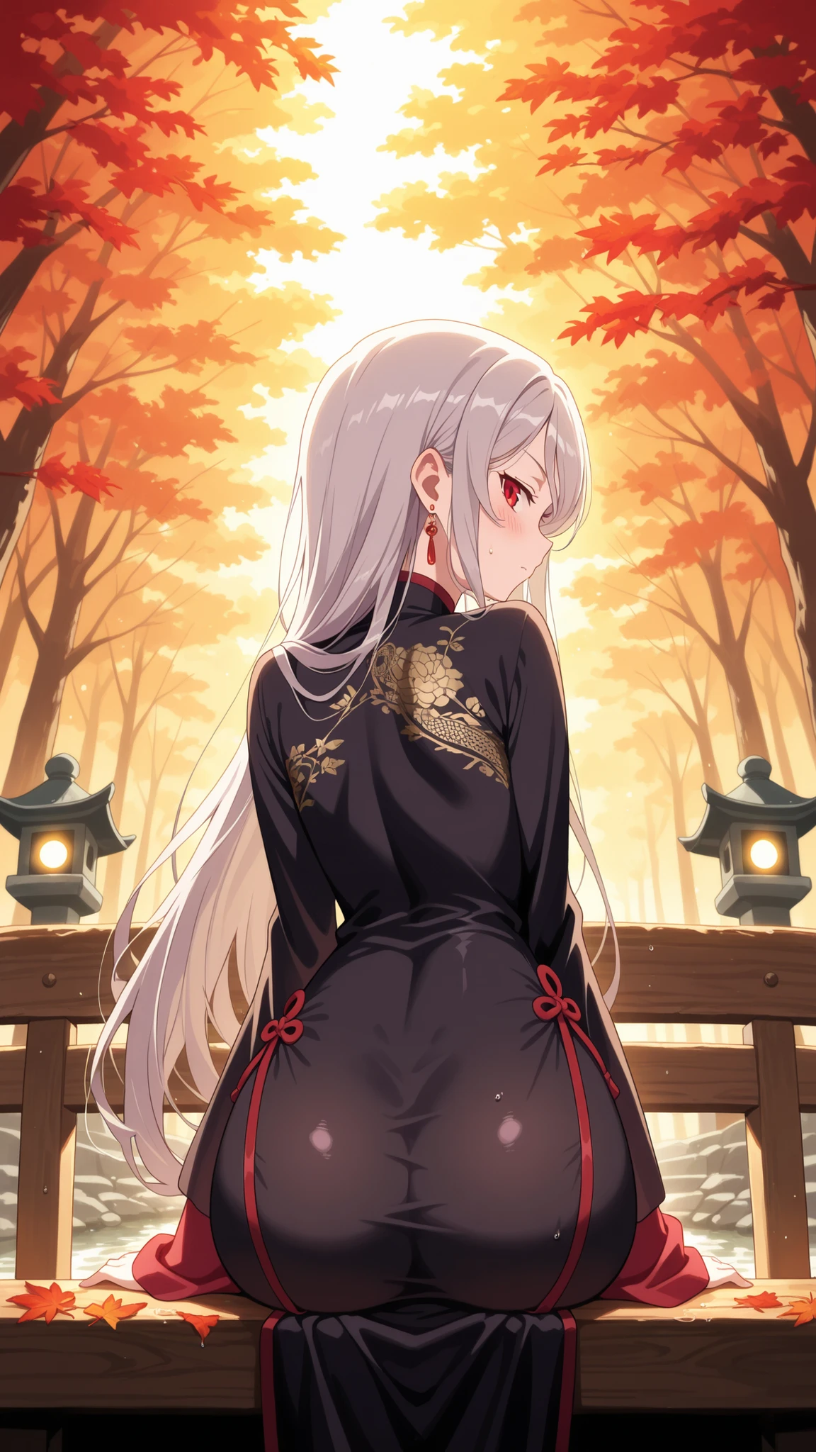 BREAK (masterpiece:1.2),Peaceful Japanese park during autumn after rainfall, vibrant red and golden maple leaves scattered across glistening stone paths, wet wooden benches under glowing foliage, stone lanterns reflecting in puddles, warm light shining through misty air, atmosphere of quiet melancholy and freshness, cinematic composition, highly detailed, 8K masterpiece digital painting,no people, shalltear, grey hair, long hair, red eyes, silver hair,Elegant traditional Chinese dress, flowing silk fabric with intricate golden embroidery, long wide sleeves, delicate floral patterns, black dress,jawerly,earrings,blush,looking at viewer,cowboy shot,sitting sensually,  posture, leaning back with hands behind,intimate atmosphere, warm lighting, ultra detailed, 4k,from behind,back photo,from below,serious face,