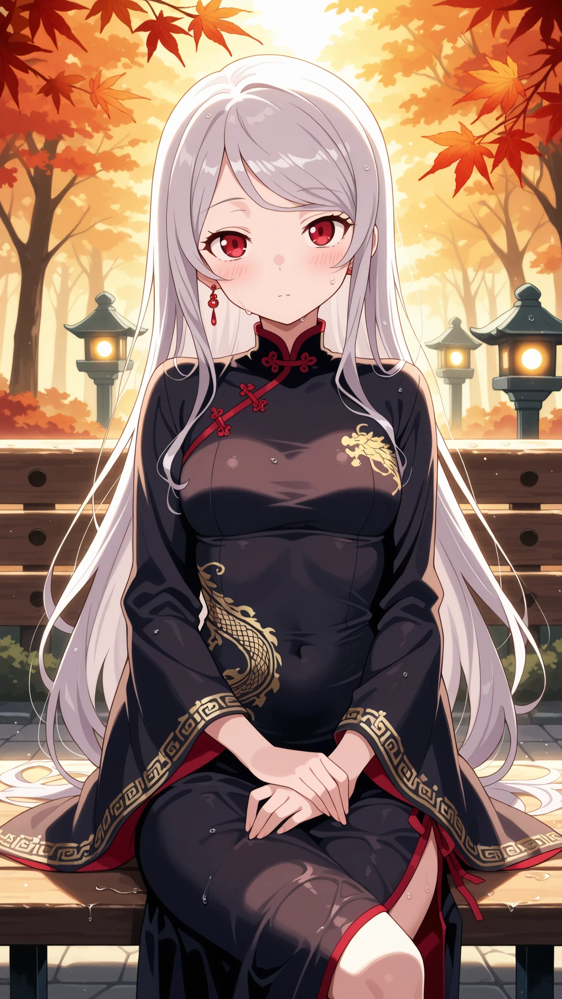 BREAK (masterpiece:1.2),Peaceful Japanese park during autumn after rainfall, vibrant red and golden maple leaves scattered across glistening stone paths, wet wooden benches under glowing foliage, stone lanterns reflecting in puddles, warm light shining through misty air, atmosphere of quiet melancholy and freshness, cinematic composition, highly detailed, 8K masterpiece digital painting,no people, shalltear, grey hair, long hair, red eyes, silver hair,Elegant traditional Chinese dress, flowing silk fabric with intricate golden embroidery, long wide sleeves, delicate floral patterns, black dress,jawerly,earrings,blush,looking at viewer,cowboy shot,sitting sideways, posture,crossed legs elegantly,body slightly turned, leaning back with hands behind,intimate atmosphere, warm lighting, ultra detailed, 4k,