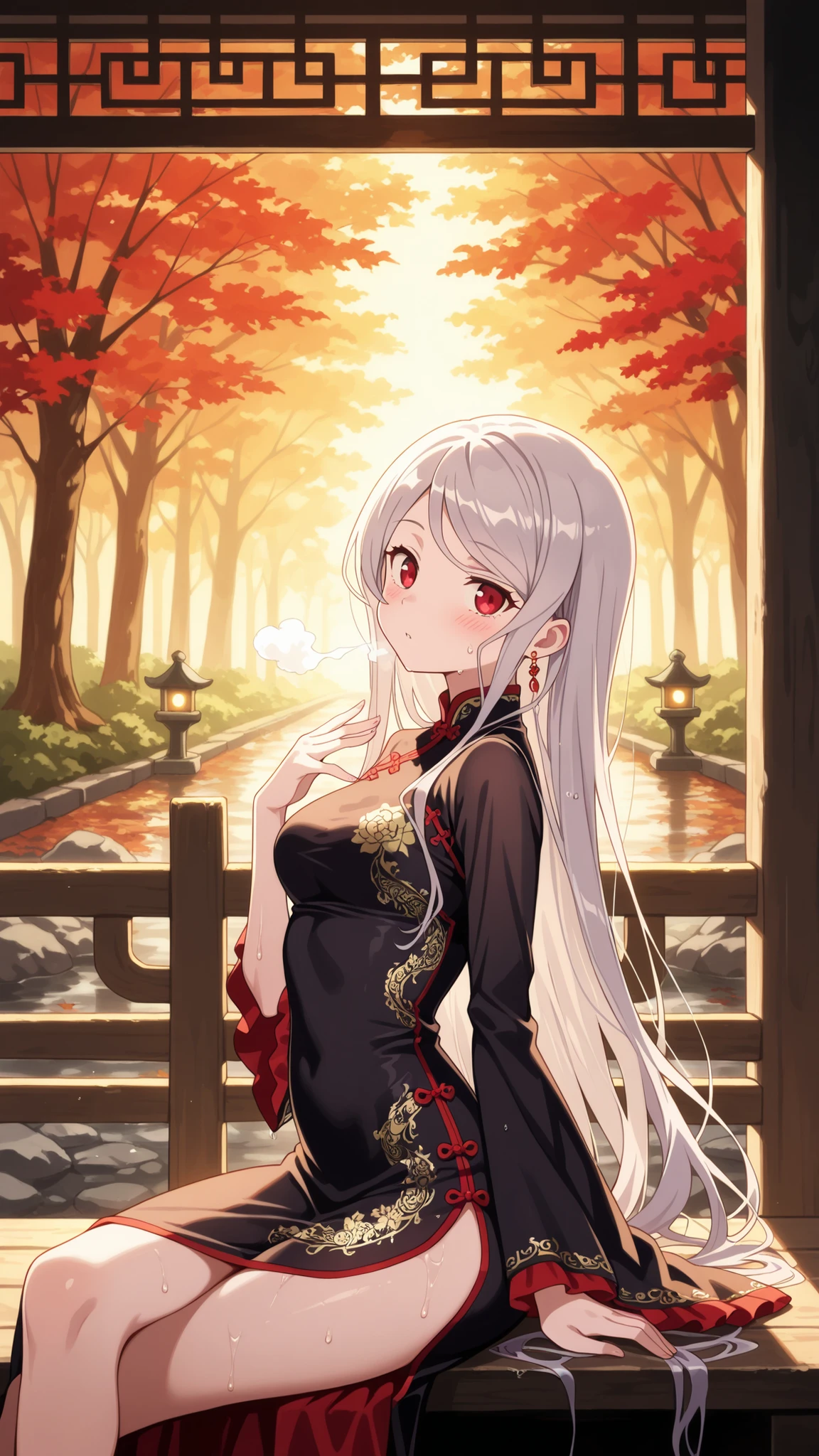 BREAK (masterpiece:1.2),Peaceful Japanese park during autumn after rainfall, vibrant red and golden maple leaves scattered across glistening stone paths, wet wooden benches under glowing foliage, stone lanterns reflecting in puddles, warm light shining through misty air, atmosphere of quiet melancholy and freshness, cinematic composition, highly detailed, 8K masterpiece digital painting,no people, shalltear, grey hair, long hair, red eyes, silver hair,Elegant traditional Chinese dress, flowing silk fabric with intricate golden embroidery, long wide sleeves, delicate floral patterns, black dress,jawerly,earrings,blush,looking at viewer,cowboy shot,sitting sideways, posture,crossed legs elegantly,body slightly turned, leaning back with hands behind,intimate atmosphere, warm lighting, ultra detailed, 4k,photo from side,