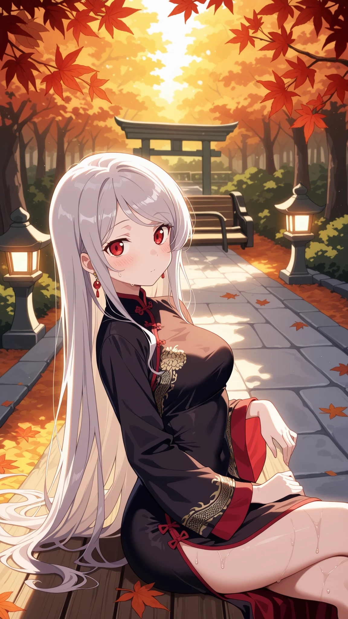 BREAK (masterpiece:1.2),Peaceful Japanese park during autumn after rainfall, vibrant red and golden maple leaves scattered across glistening stone paths, wet wooden benches under glowing foliage, stone lanterns reflecting in puddles, warm light shining through misty air, atmosphere of quiet melancholy and freshness, cinematic composition, highly detailed, 8K masterpiece digital painting,no people, shalltear, grey hair, long hair, red eyes, silver hair,Elegant traditional Chinese dress, flowing silk fabric with intricate golden embroidery, long wide sleeves, delicate floral patterns, black dress,jawerly,earrings,blush,looking at viewer,cowboy shot,sitting sideways, posture,crossed legs elegantly,body slightly turned, leaning back with hands behind,intimate atmosphere, warm lighting, ultra detailed, 4k,photo from side,