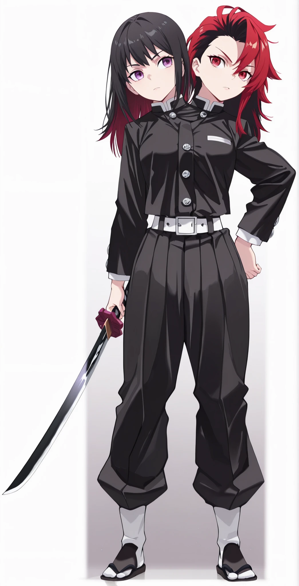 (masterpiece) , (ultra-detailed) , (high quality) , (high resolution) , (best quality:1 . 5 , highres , UHD) , highres , absurdo , ultra detail , ultra quality , Ultra resolution , 16k , 1girl , ((2heads:1 . 5)) , ((red hair)) , ((black hair)) , (different hair colors) , long hair , (1girl) , conjoined twins , demon slayer uniform, black jacket, gakuran, white belt, black pants, puffy pants, pleate, silver buttons, holding a katana sword, sword scabbard, red eyes, purple eyes, zōri sandals, sandals, sandals with white strapes