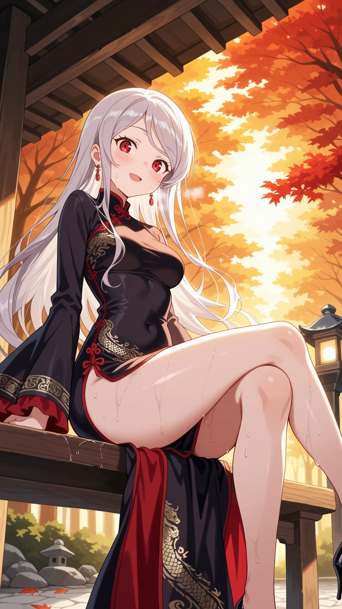 BREAK (masterpiece:1.2),Peaceful Japanese park during autumn after rainfall, vibrant red and golden maple leaves scattered across glistening stone paths, wet wooden benches under glowing foliage, stone lanterns reflecting in puddles, warm light shining through misty air, atmosphere of quiet melancholy and freshness, cinematic composition, highly detailed, 8K masterpiece digital painting,no people, shalltear, grey hair, long hair, red eyes, silver hair,Elegant traditional Chinese dress, flowing silk fabric with intricate golden embroidery, long wide sleeves, delicate floral patterns, black dress,jawerly,earrings,blush,looking at viewer,cowboy shot,sitting sideways,  posture,crossed legs elegantly,body slightly turned, intimate atmosphere, warm lighting, ultra detailed, 4k,photo from side,from below,high heels,excited face