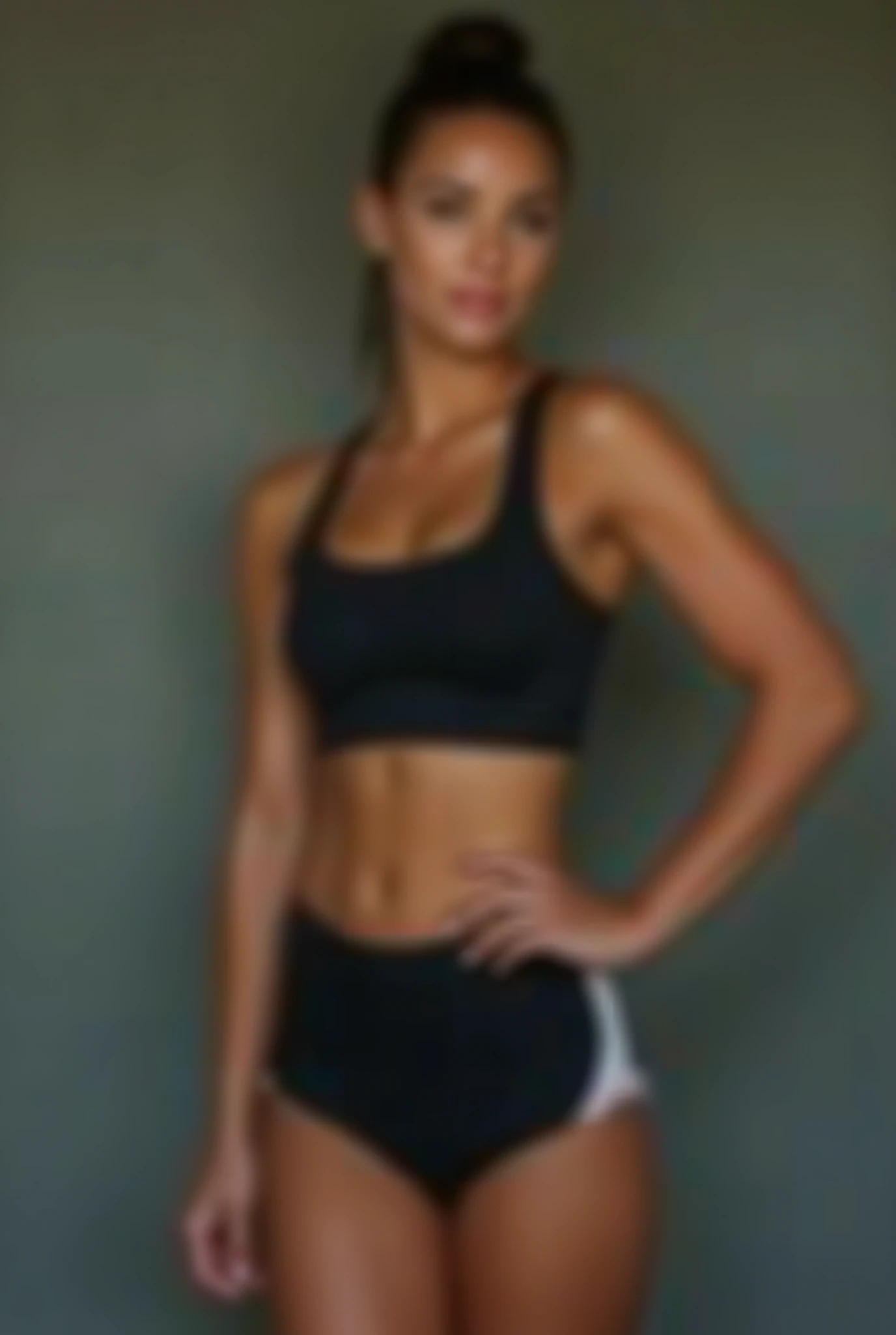 Create a hyper-realistic, ultra-high-quality professional photo of a fitness model. A young woman with perfect tanned skin, athletic build, and striking, toned curves.

Main characteristics:

Age: 23–25 years old

Appearance type: Mediterranean features

Skin: tanned, smooth, flawless

Figure: athletic, toned body with emphasis on firm, rounded glutes

Posture: perfect, straight back

Clothing:

Tight-fitting cycling shorts made of elastic material

Sporty crop top accentuating the waist

Clothes should hug the body, showcasing muscle contours

Minimalistic, sporty style

Pose:

Half-turn to the camera

One leg slightly forward

Hands on hips or behind the head

Natural, confident posture

Slight hip tilt to emphasize curves

Photography settings:

Professional studio lighting

High dynamic range

Sharp focus on face and figure

Natural shadows and highlights

4K resolution

High-quality depth of field

Atmosphere:

Stylish fitness interior background

Bright yet soft lighting

Professional retouching without overdoing it

Natural, lively facial expression

Contemporary, trendy vibe

Additional requirements:

Realistic skin texture

Detailed muscle definition and body рельефы

Natural proportions

Photo ready for Instagram posting without additional editing

High-end, magazine-quality finish

Cinematic feel with professional post-processing