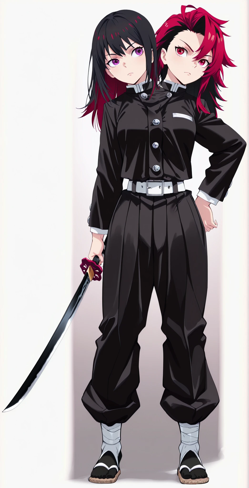 (masterpiece) , (ultra-detailed) , (high quality) , (high resolution) , (best quality:1 . 5 , highres , UHD) , highres , absurdo , ultra detail , ultra quality , Ultra resolution , 16k , 1girl , ((2heads:1 . 5)) , ((red hair)) , ((black hair)) , (different hair colors) , long hair , (1girl) , conjoined twins , demon slayer uniform, black jacket, gakuran, white belt, black pants, puffy pants, pleate, silver buttons, holding a katana sword, sword scabbard, red eyes, purple eyes, zōri sandals, sandals, sandals with white strapes