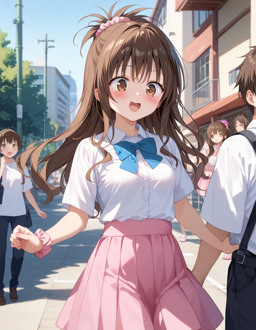 masterpiece, Highest quality, Nico_Yazawa,High resolution, 1 Girl, alone, Brown Hair, short hair, Twin tails、Purple eyes, Cowboy Shot,, (Cleavage)、(Beautiful thighs)、city, Outdoor, garden, Carrying a red backpack, (randoseru backpack:1.2) Sweaty、Thick thighs、Highest quality、4K、1girl, 8years old, , cute, grin, 、、In the city、Lots of spectators、、Thick thighs、、Men holding their  and surrounding girls、 from the 、、、（）Mesgaquismiles、low length