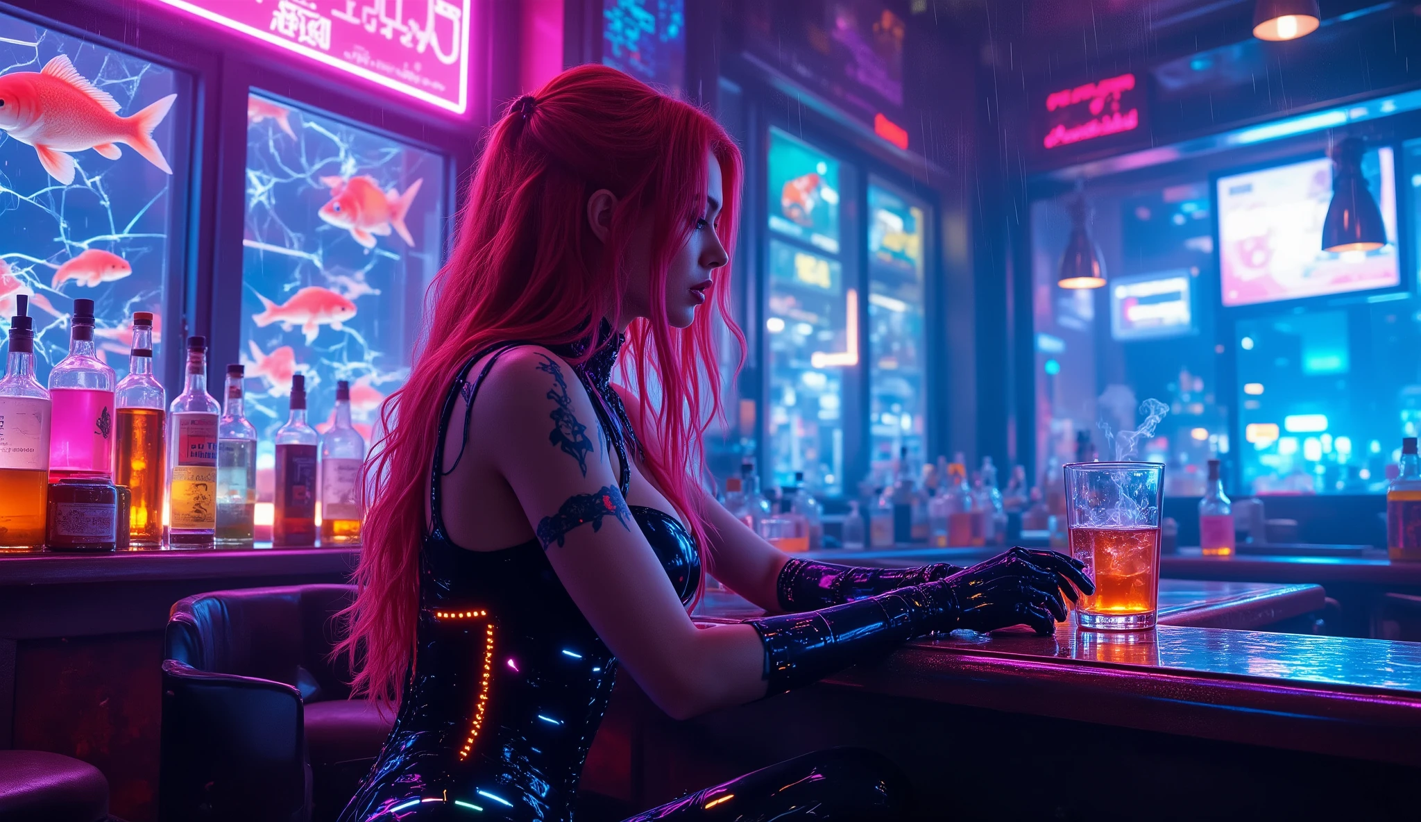 Inside a futuristic cyberpunk bar glowing with holographic koi fish swimming in glass tanks, a young red-haired woman sits at the counter. Her long fiery hair reflects neon cyan and magenta light. She wears a corset-like cybernetic armor with glowing seams. Rain pours heavily outside through cracked neon windows, blurring the megacity view. Bottles of glowing liquid line the shelves, and holographic ads flicker broken. Her expression is melancholic as she stares into a glowing drink, smoke drifting around her. Photorealistic 8K, ultra-detailed, cinematic lighting.