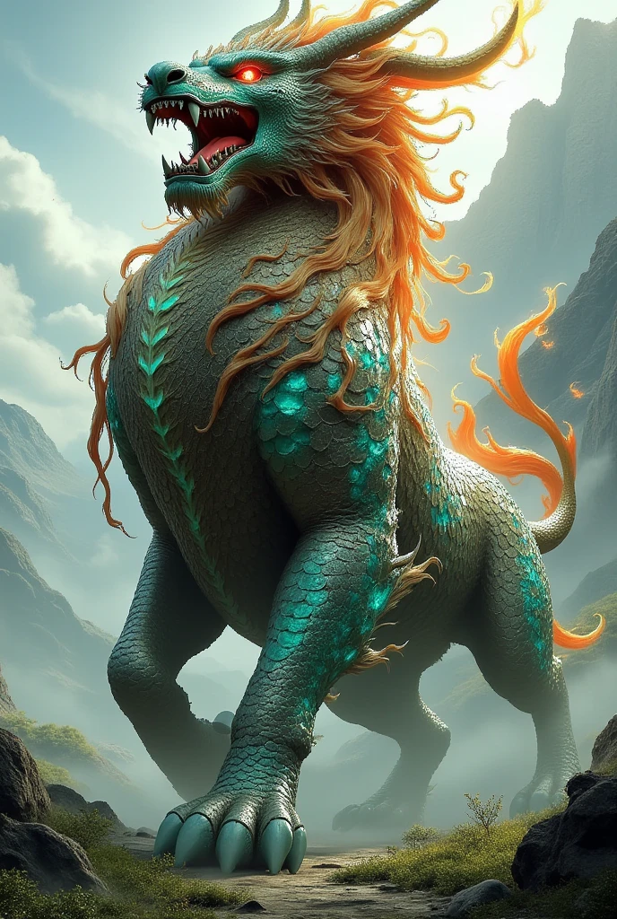 ultra-detailed, masterpiece, masterwork, high quality, best quality, hdr, (nature), , male, solo, dragon, (()), (little red body minotaur), (white chubby body), (long golden hair, yellow eyes), standing, dynamic angle, (micropenis, , perfect ), public hair, (cross your arms), earrings