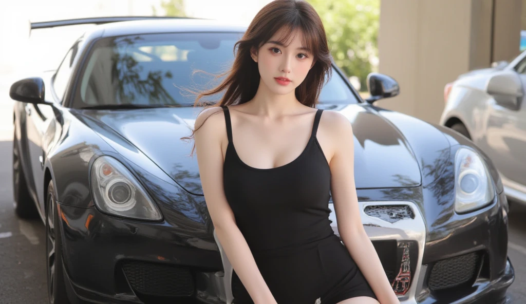 Korean woman, ultra high resolution,4k,(photorealistic:1.5),street,building,cars,shorts,full body,looking at viewer,sexy,cute face,beautiful,RAW image,posing on a car
