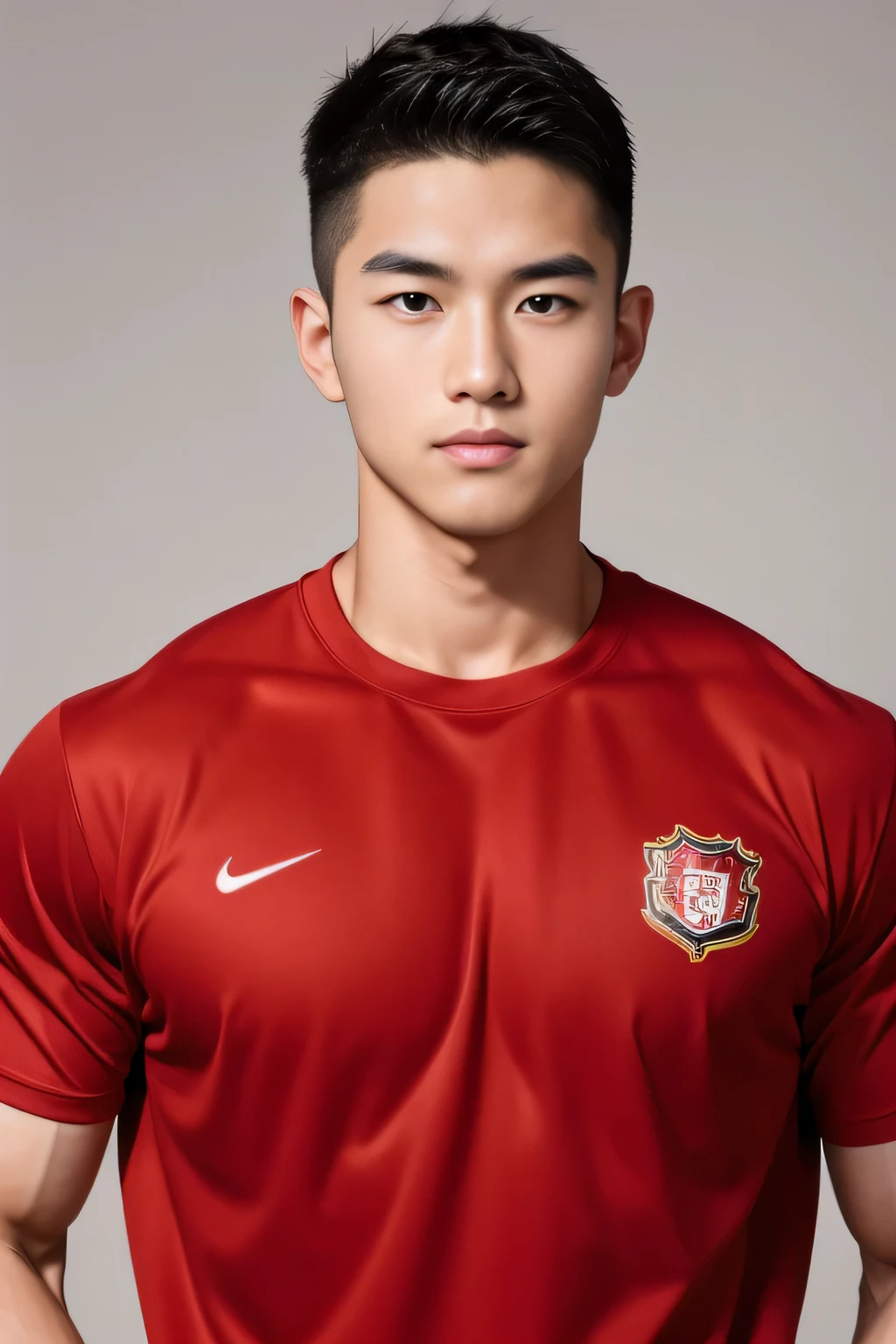 18-year-old male、Japanese、handsome guys、Macho、athletes、plain red clothes、Shaved head