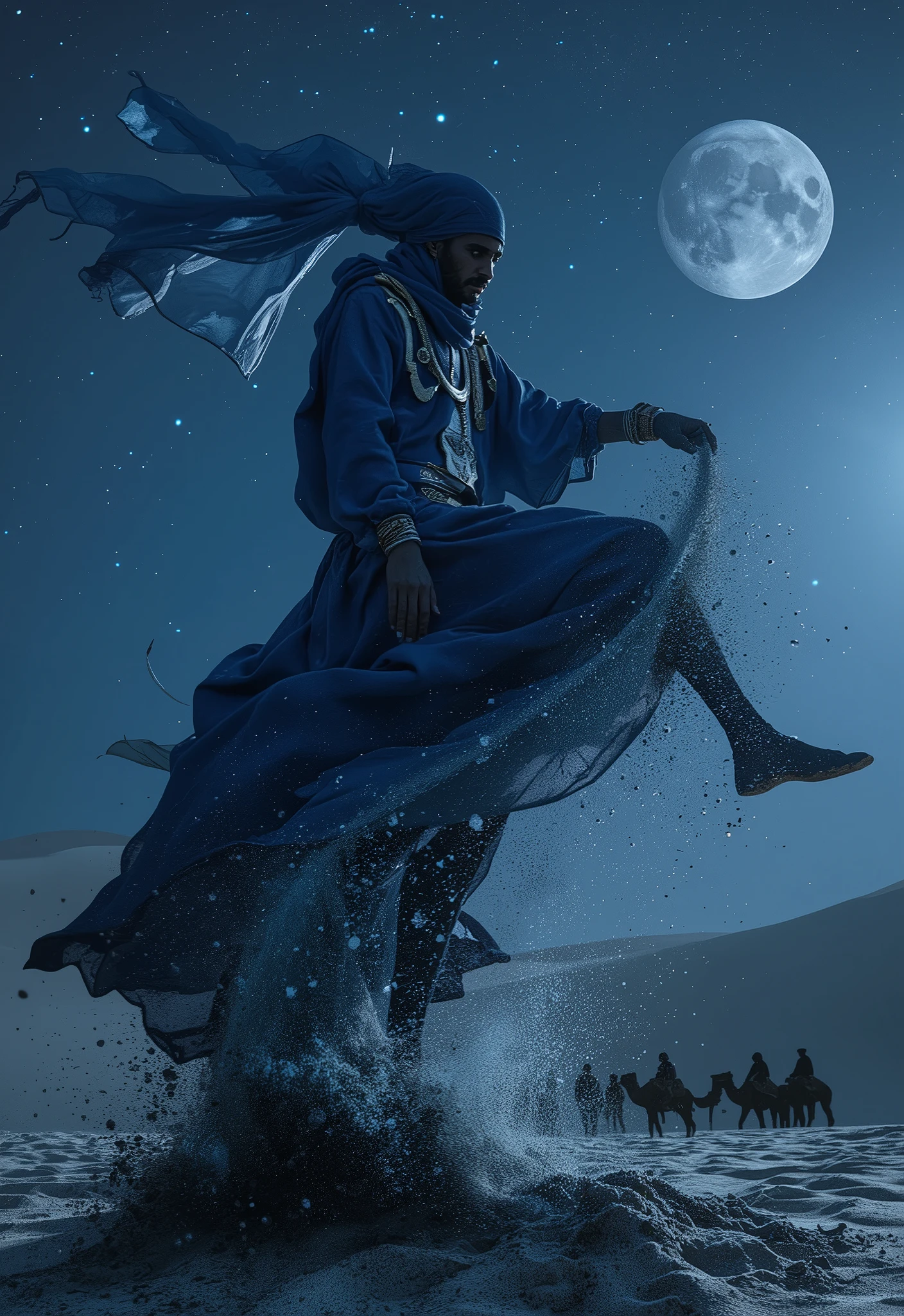 A large-format cinematic photograph capturing the moment of the ecstatic ritual dance of the Tuareg, known as the "Dance of the Djinn of the Desert."

Scene: Deep twilight in the vast Sahara desert. The sky is a gradient from fading ultramarine blue at the horizon to inky black at the zenith, studded with billions of bright, crystal—clear stars and the giant spiral of the Milky Way. The huge moon casts silvery light on the sand, creating a surreal, almost alien illumination.

Dancer: A tall, slender Tuareg man in traditional indigo clothing. His face is hidden under an imposingly long litam (veil), leaving only his eyes visible, sparkling with intense concentration and spiritual power. His clothes are not just fabric, but part of the dance: fluttering blue and purple robes, faded from the sun and sand, decorated with talismans made of silver and leather.

Action: He froze in the middle of a powerful, swirling motion. His body is bent, his arms with wide sleeves are spread out like wings, and one leg is raised high to hit the ground with force. At the moment his foot hits the sand, a massive, perfectly detailed wave of dark sand soars into the air. The grains of sand, illuminated by moonlight, sparkle and freeze in the air, forming a complex, dynamic silhouette around the dancer's figure, similar to a sculpture made of dust and time.

Environment: The sand underfoot is not smooth; it is dotted with perfect symmetrical patterns created by the wind. In the background, lost in the haze, silhouettes of camels and members of the tribe are visible, frozen in anticipation, their dark figures contrast with the shining shroud of sand.

Style and details: High detail, photographic realism. Deep shadows and bright lunar highlights create a dramatic contrast (chiaroscuro). The textures are palpable: coarse cloth, cold silver amulets, infinitely fine grains of sand. An epic sense of scale, loneliness, and spiritual connection to the desert.