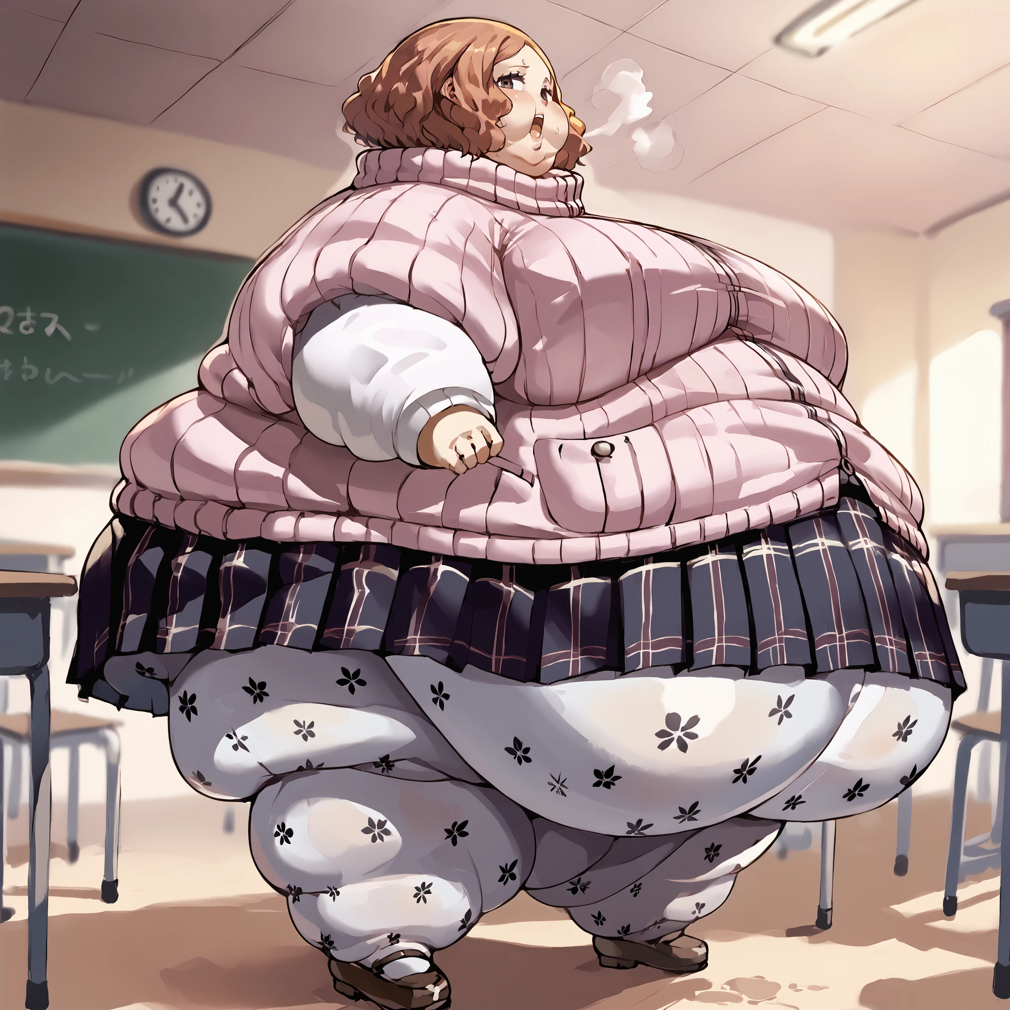 score_9, score_8_up, score_7_up, source_anime, BREAK 1girl, looking at you, defHaru, short hair, pink ribbed sweater, turtleneck sweater, short over long sleeves, plaid skirt, pleated skirt, print pantyhose, chubby, Obese, huge arms and legs, BBW、big chest wide open mouth, shortness of breath、sweat, puffy cheek, highschool, classroom, full body shot, desk, side view