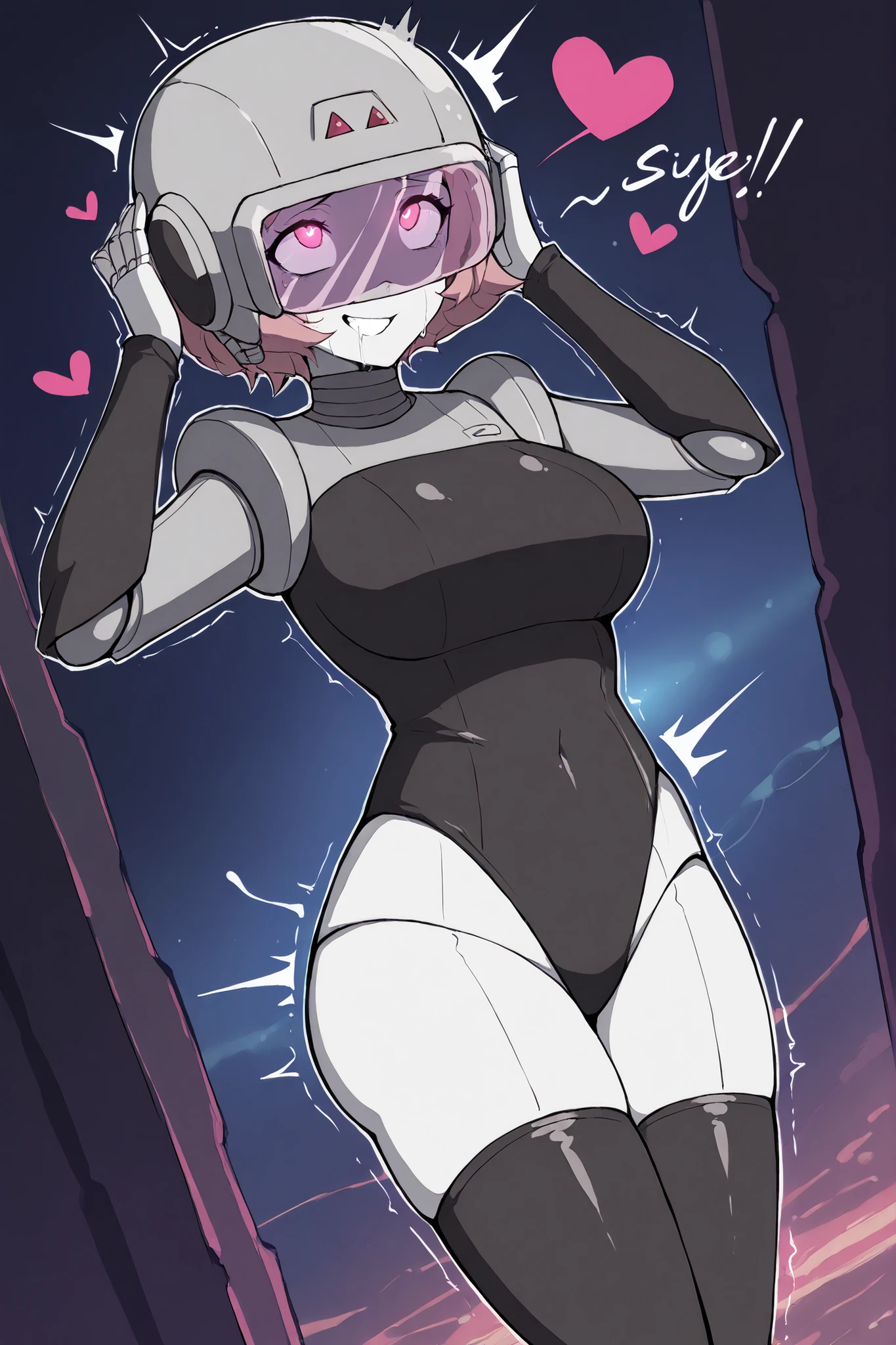 2d, Best quality, masterpiece, wide angle, solo, 1girl, solo, score_9, score_8_up, score_7_up, source_anime, BREAK 1girl, looking at you, smile,  defHaru, short hair, very thicc white outline, white skin, she wearing black leather long sleeves full_one_piece_leotard, leather stockings, sphere shaped helmet, mischievous z-tech helmet, chinstraps, evil ZKOvisor, hyonotic visor, she trying to taking helmet from her head, hands up to head, hands grabbing helmet and trying to get it off, she tense, she scared, she resisting, from above, she at alien spaceship floating at space, spaceship background, dynamic angle,mechanical limbs,robot joints,metal skin,mistyrobot,,large breasts,big ass,glowing eyes,head-mounted display ,ahegao ,comic expression, Sound effect,heart,trembling 
