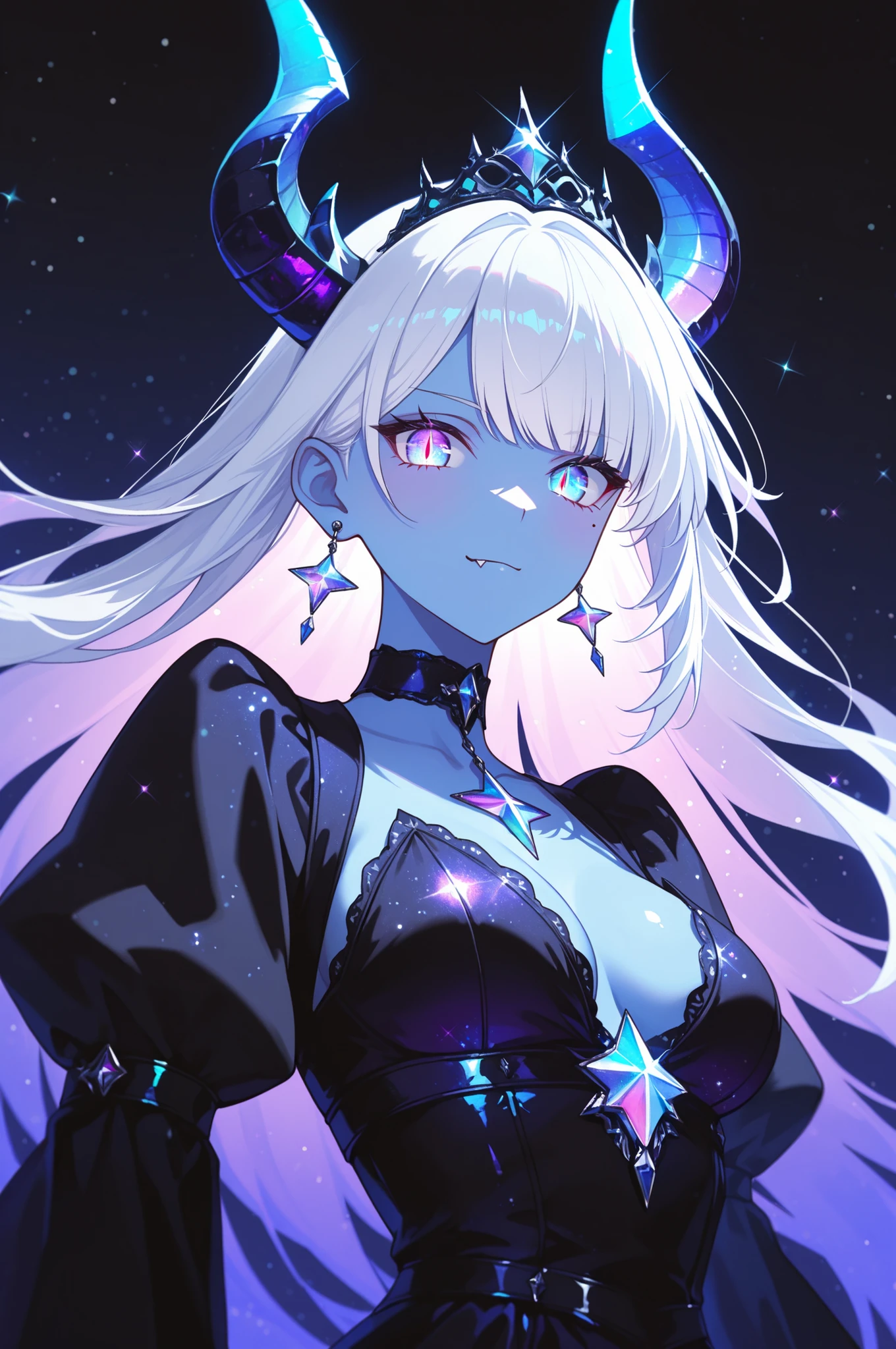 masterpiece, ultra-HD, high detail, best quality, very aesthetic, 8k, best quality, sharp focus, three quarter face shot, depth of field, shallow depth of field. 1girl, Dragon Princess, White hair, magenta sparkly iridescent eyes(slit pupil), Big pretty eyes, mole under eye, glowimg chromatic Dragon horns. (fang), choker, drop earring. Blue skin, gothic accessories, star. purple high neck ancient goddess dress, tiara. bioluminescence, bow. black with neon lighting, dark theme, upper body shot. shoot from side, looking at viewer. dynamic composition, dynamic angle.