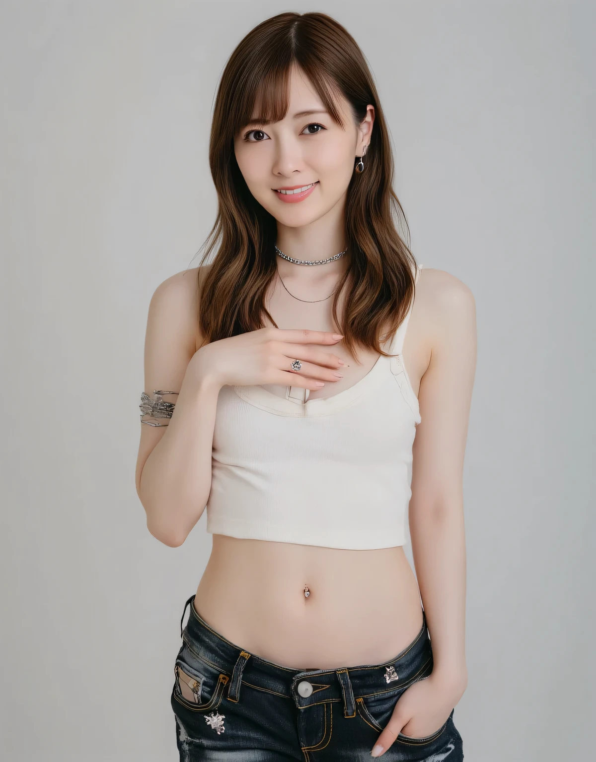 She is Shiraishi Mai, 8K, highest quality, ultra-realistic, single woman, perfect figure, precise fingertips, ((long hair with dark brown bangs)), perfect fingers, slim body, thin thighs, heavily ripped washed denim jeans fastened with safety pins, slim ash gray tank top with logo, belly button visible, (tight waist), silver choker necklace, (raw punk feel), (((undressing and pulling down denim pants: 1.9))), light silver background