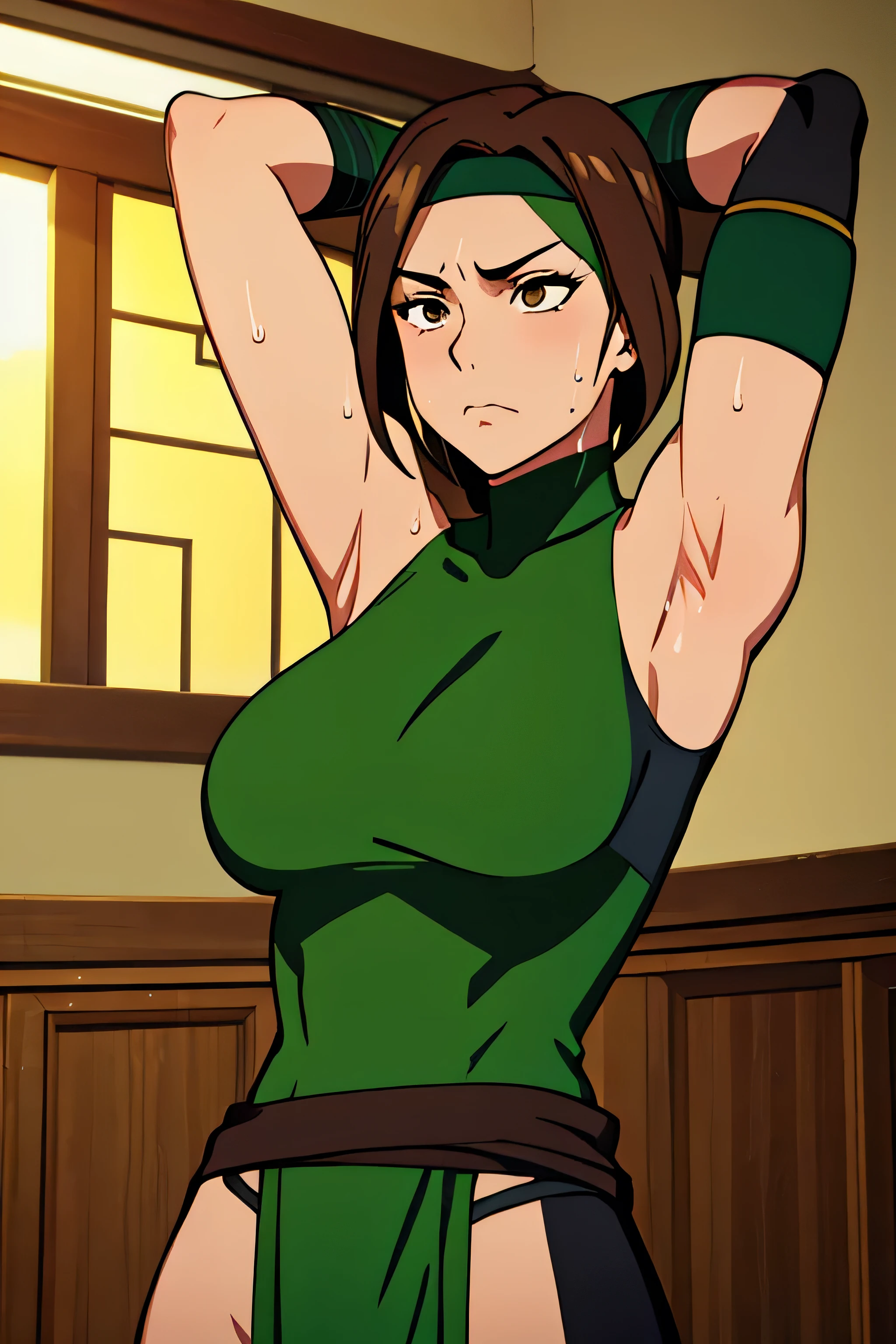 Jade, human woman with wheatish complexion,sleeveless.She has brown eyes and blackish blue clothing. Her hair is blackish brown in color; She is beautiful.Tsundere face.,mature appearance,armpits,sweat,sweaty,sweaty armpits,arms up,showing armpits,awesome armpits,outfit,blackish green arm warmers,blackish green arm bands,black arm warmers, wearing Konoha headband,wearing green face mask