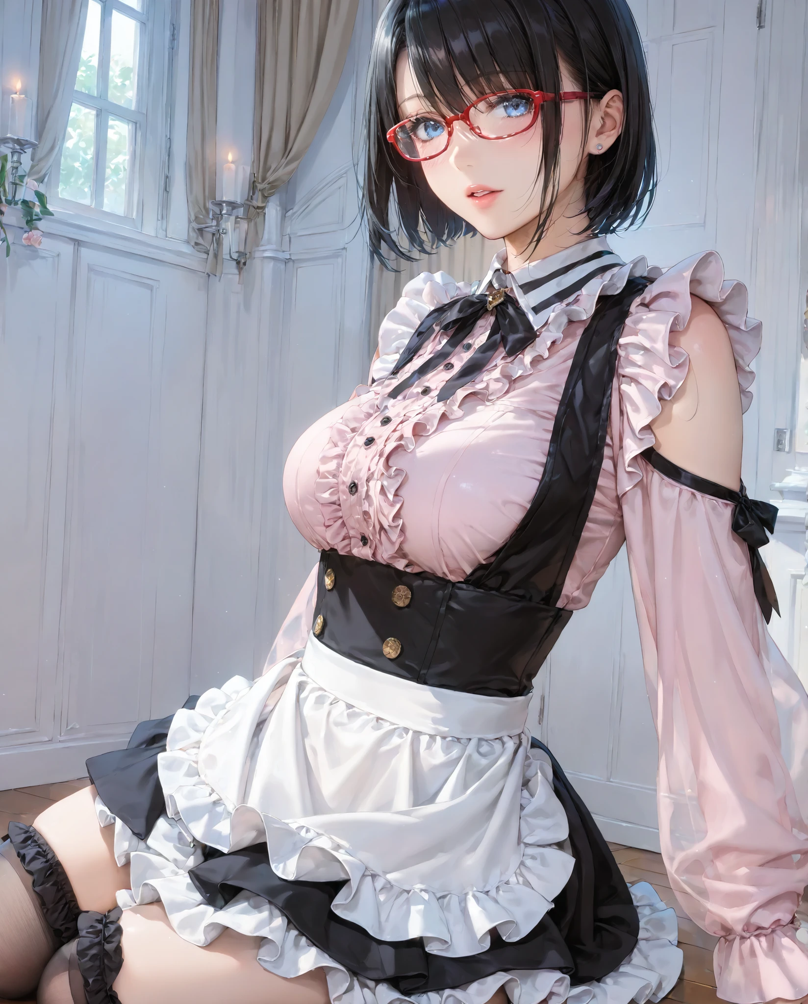 ((inspired by )),((inspired by Animation Style:1.5)),(masterpiece, best quality),beautiful, beautiful-woman, ((detailed face)).(full body:1.3)., 
((black hair)), glasses, blue eyes, long hair, over-rim eye-wear,semi-rimless eye-wear, between eyes .(red-framed glasses:1.2), 
,
1-woman.((in hotel))
The woman is wearing  jirai-kei fashion,pink frilled shirt with short puff sleeves, black neck ribbon,and high waist skirt with black frilled see-through knee-highs-socks ,(platform footwear). ,jirai kei, pink shirt, black skirt, twin-tail, ((frilled see-through socks:1.2)),large ,