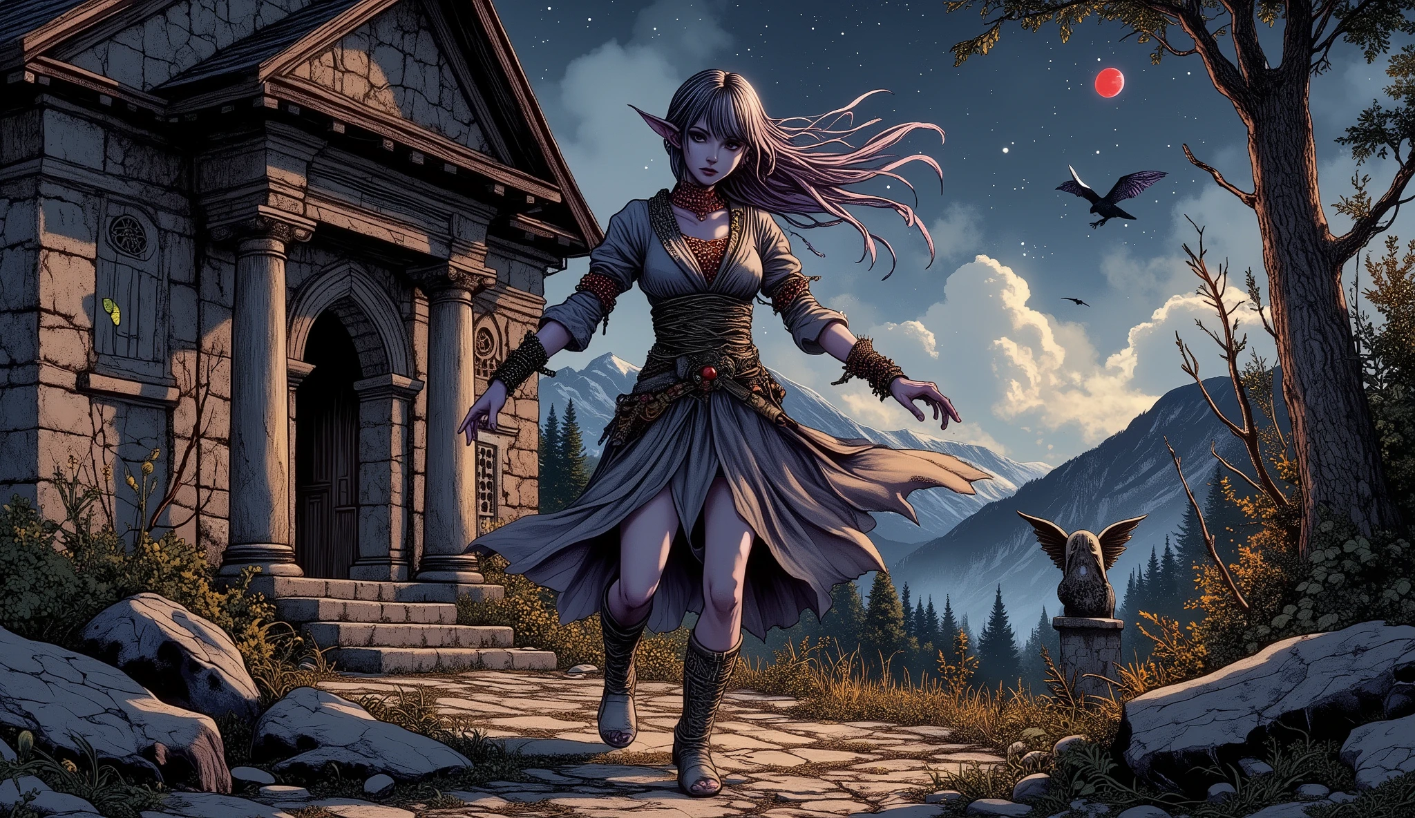 The world of the Dracula legend is set in medieval Romania. The stars twinkle in a very dark night sky with a small blood-red moon. A female vampire hunter, a dark elf, turns her back and twists her body in the yard of an abandoned church in a mountain village, walking with her companion, a flying dragon made of jade, in daring poses and actions. In the churchyard is a broken stone statue of an angel, and the ground is covered with weeds. A woman wears a church-style tunic of gray cotton cloth over a choker adorned with red beads and yellow and orange gemstones, with an Asian-style silk cloth elegantly wrapped around her waist. She wears a gray, thin, transparent organdie wrap-around skirt with a deep slit, braided sandals, and silver-embellished bracelets and anklets on her wrists and ankles. She weaves beautifully colored false hair into her hair. A strong wind blows.