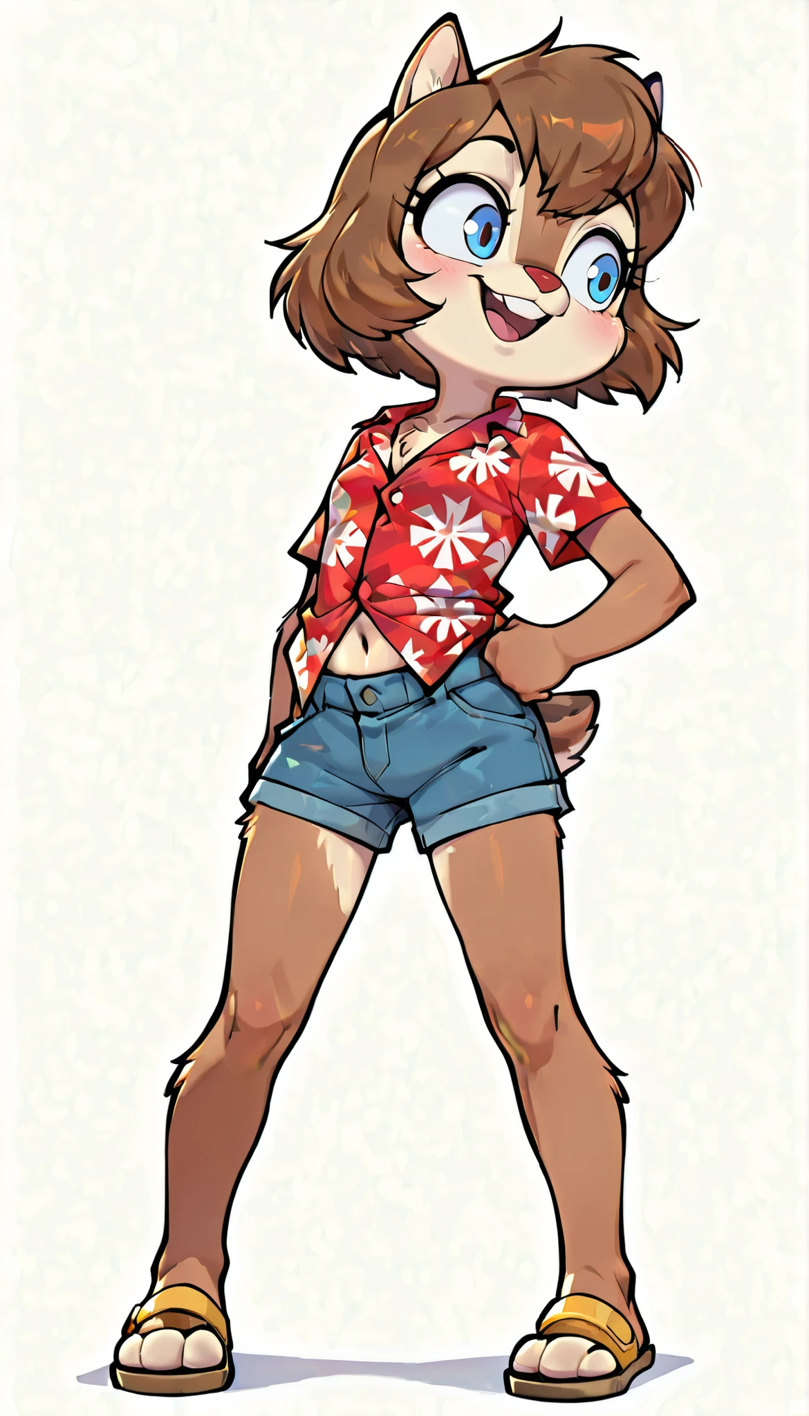 score_9, score_8_up, score_7_up, score_6_up,, hi_res, furry_source, absurdres, masterpiece, best quality, amazing quality, Chip'n Dale Rescue Rangers, 1girl, solo, alone, Femdale, furry, anthro, chipmunk girl, brown fur, blue eyes, chipmunk tail, red nose, brown hair, short hair, bangs, short body, short stature, ((red hawaiian shirt, denim shorts, sandals)), small breasts, navel, (very skinny:1.0), (Small, Short:1.1), (young cub:1.2), full body, feets with three toes, spread buckteeth, white background, simple background, action pose, standing, smile, open mouth, looking at you, one hand own hip,
