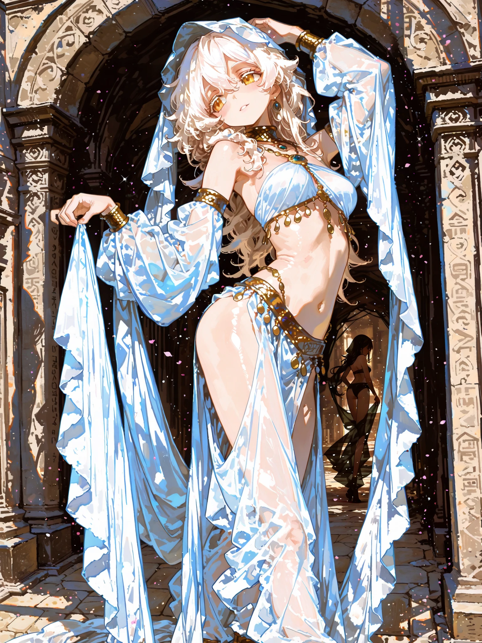 fluffy hair,(masterpiece:1.2), Height Detail, Best Quality , 1 female, standing, long hair , nice face,veil,Reference Greek Goddesses,Female dancer ,dancing in the desert,Floating hem,chiffon,Light and Shadow,Art cut adds a mysterious atmosphere,perspective