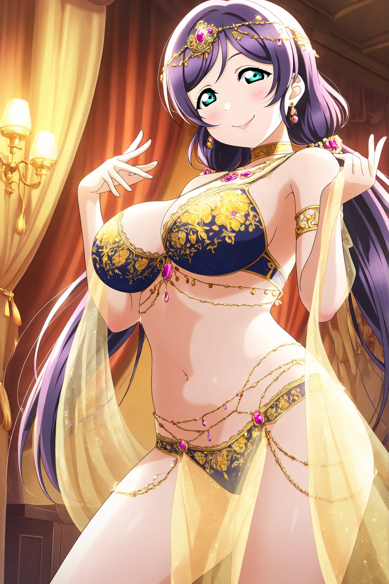 Love Live official artwork, professional art, highres, hdr, glossy shiny skin, shiny silky hair, soft directional lighting from right, detailed embroidery, vibrant colors, cowboy shot, Toujou Nozomi, indoors, exotic oriental setting, arabesque patterns, poetic atmosphere, oriental dancer styling, belly dancer theme, standing pose, elegant calm posture, soft curves emphasized, bashful yet alluring expression, blushing, downcast eyes, flirty glance, coy teasing smile, lips slightly parted, head tilted in a cute way, delicate hand gesture near mouth, translucent veil, golden sheer curtain, silky textures, lace details, jeweled hair ornament, ornate headpiece, veil draped over head, earrings, jewelry, necklace, choker, gemstone accessories, bare midriff, navel, golden belly chain, ornate high-cut embroidered bikini bottom, T-shaped, richly decorated with gemstones and golden trim, decorated bra with golden embroidery, soft spotlight, warm golden glow, mysterious yet playful aura, shadow depth, curtains framing the scene, graceful femininity, overly delicate hands, girly charm, large breasts, serene but captivating presence